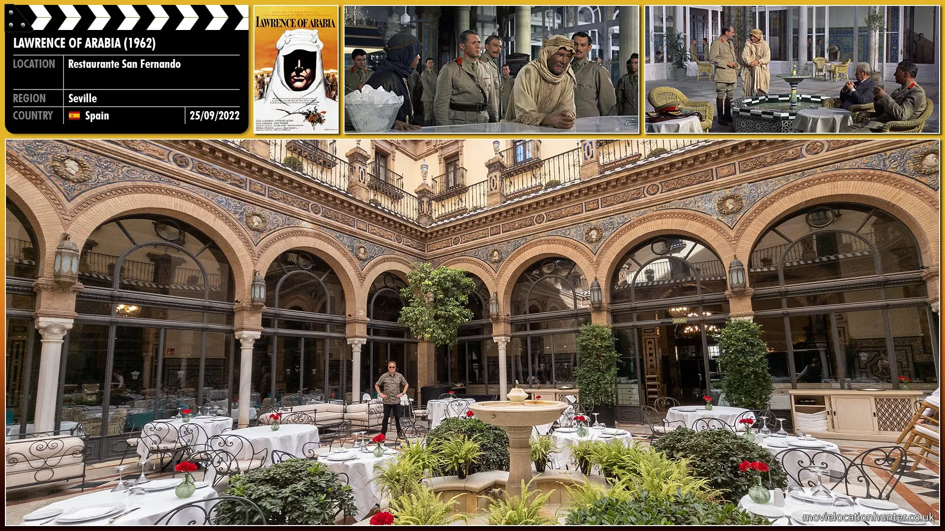Filming location photo, shot in Spain, for Lawrence of Arabia (1962). Scene description: Allenby (Jack Hawkins) promises to help Lawrence (Peter O'Toole) in every way that he can.  He leaves the meeting, followed by Brighton (Anthony Quayle) and Dryden (Claude Rains).  stands by the fountain looking after them, smiling.  His eye is caught by the young officers openly crowding around the windows of the bar looking at him.