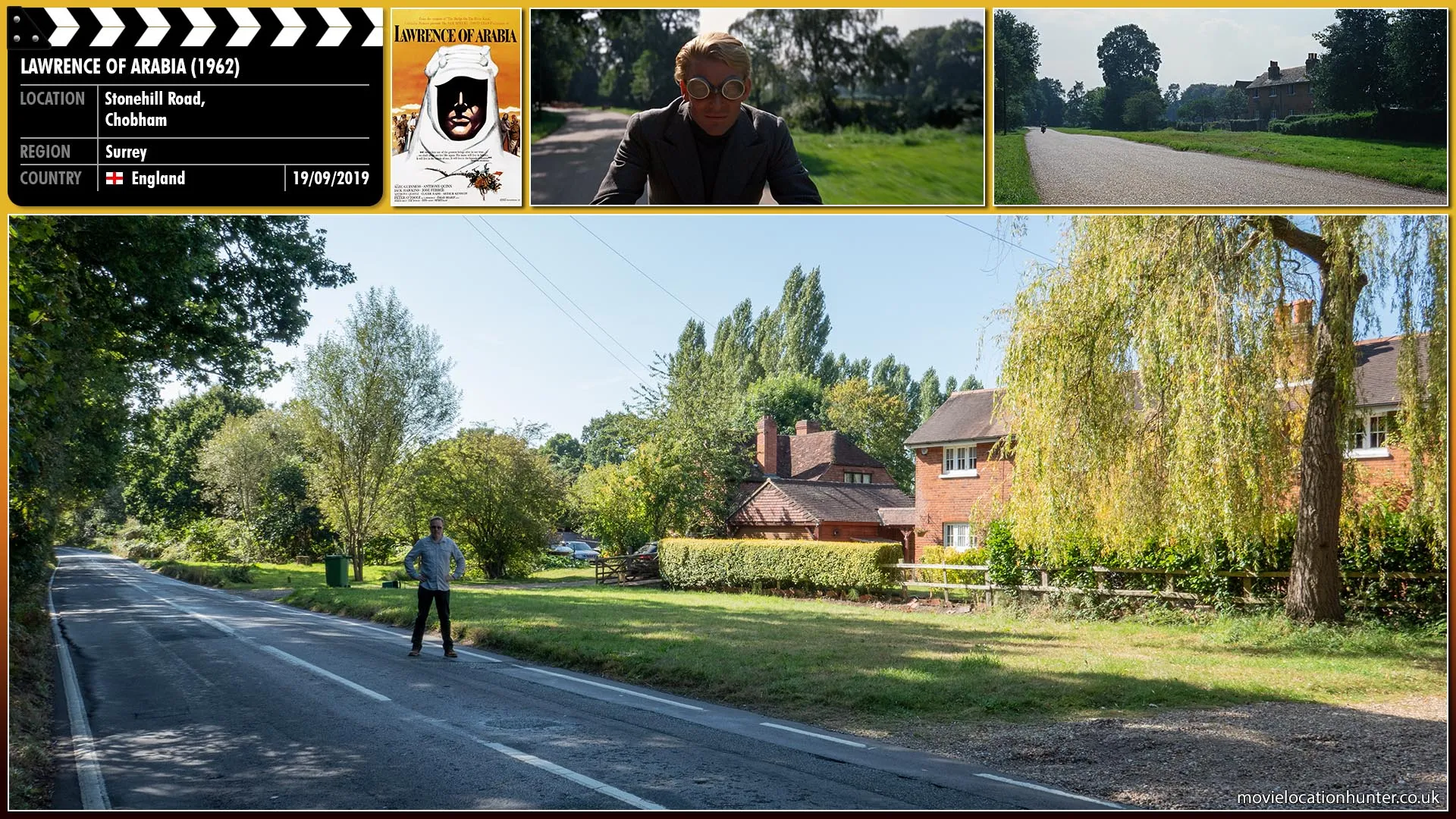 Filming location photo, shot in England, for Lawrence of Arabia (1962). Scene description: After slowing down to pass roadworks, Lawrence (Peter O'Toole) opens the throttle and accelerates along the open road.