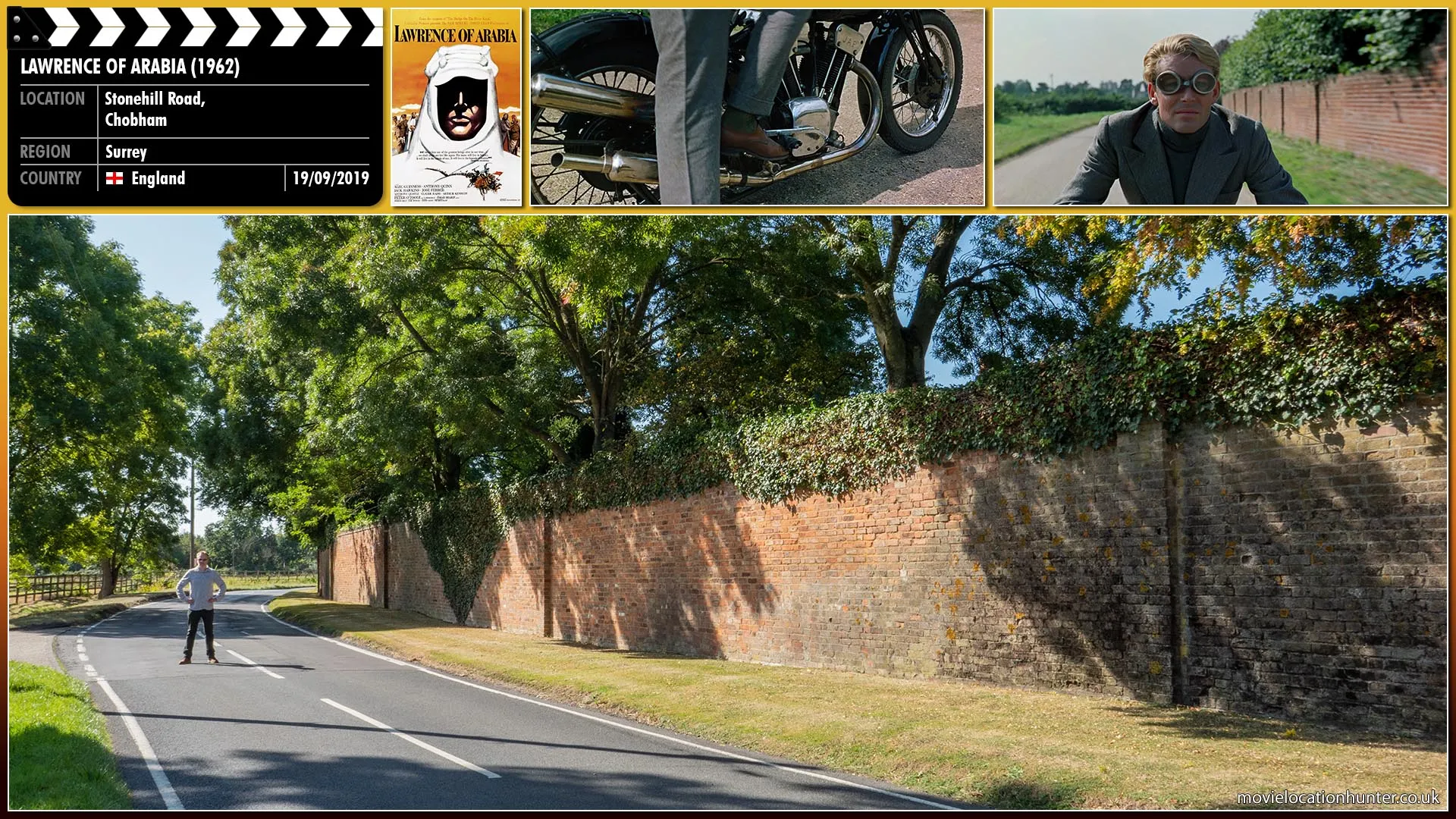Filming location photo, shot in England, for Lawrence of Arabia (1962). Scene description: Lawrence (Peter O'Toole) rides his motorbike at speed through the narrow roads near his home.