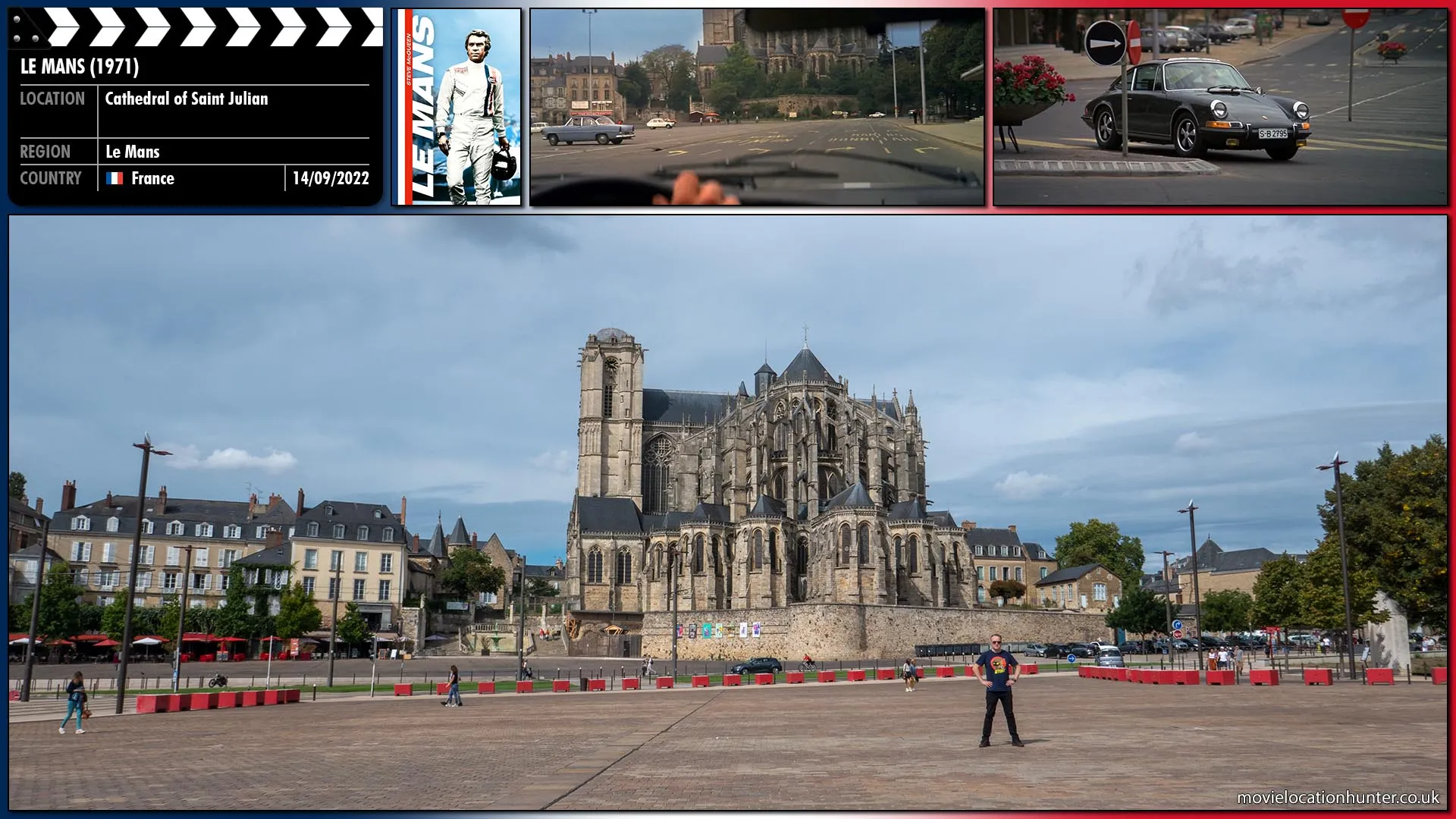 Filming location photo, shot in France, for Le Mans (1971). Scene description: Top flight Le Mans racing driver Michael Delaney (Steve McQueen) spots former rival Piero Belgetti's widow Lisa (Elga Andersen) buying flowers in the days before the race.