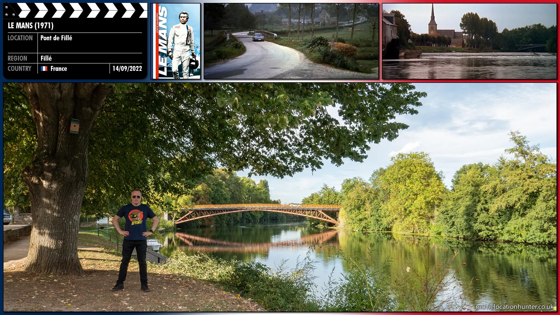 Filming location photo, shot in France, for Le Mans (1971). Scene description: Michael Delaney (Steve McQueen) crosses over the river Sarthe.