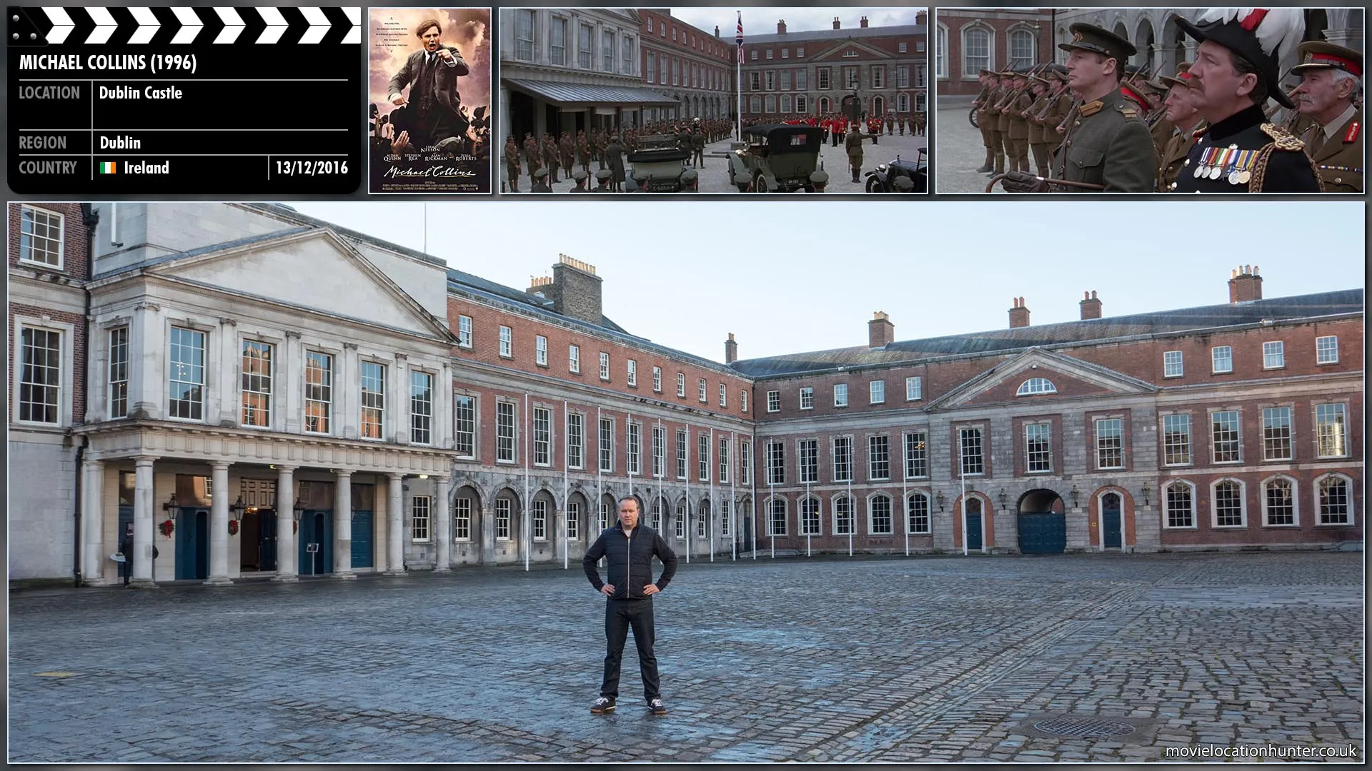 Filming location photo, shot in Ireland, for Michael Collins (1996). Scene description: Collins (Liam Neeson) arrives late at for the handover of Dublin Castle to the Provisional Government of Ireland.
