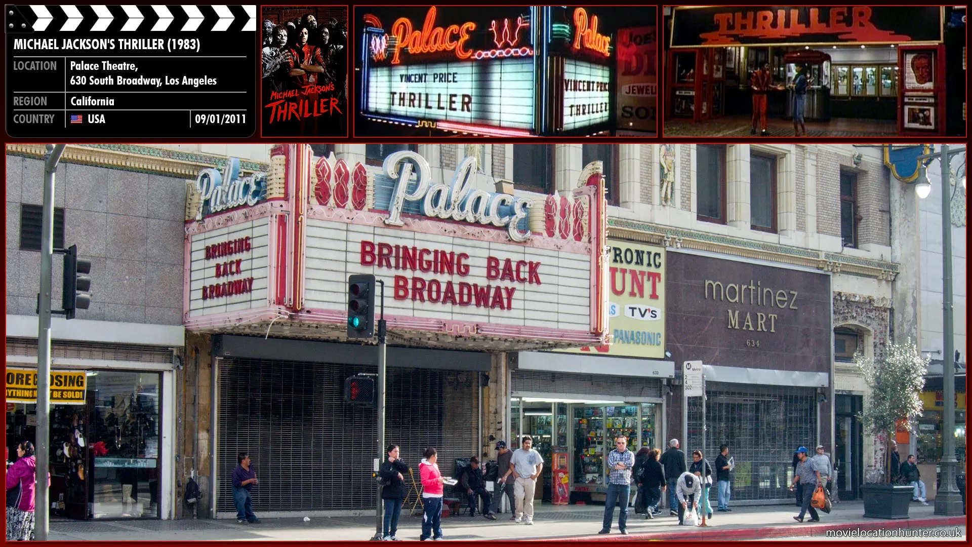 Filming location photo, shot in USA, for Michael Jackson's Thriller (1983). Scene description: The scene then cuts to a movie theater where Michael and his unnamed girlfriend (Ola Ray), along with an excitable audience, are actually watching the scene unfold in a Vincent Price horror movie titled 