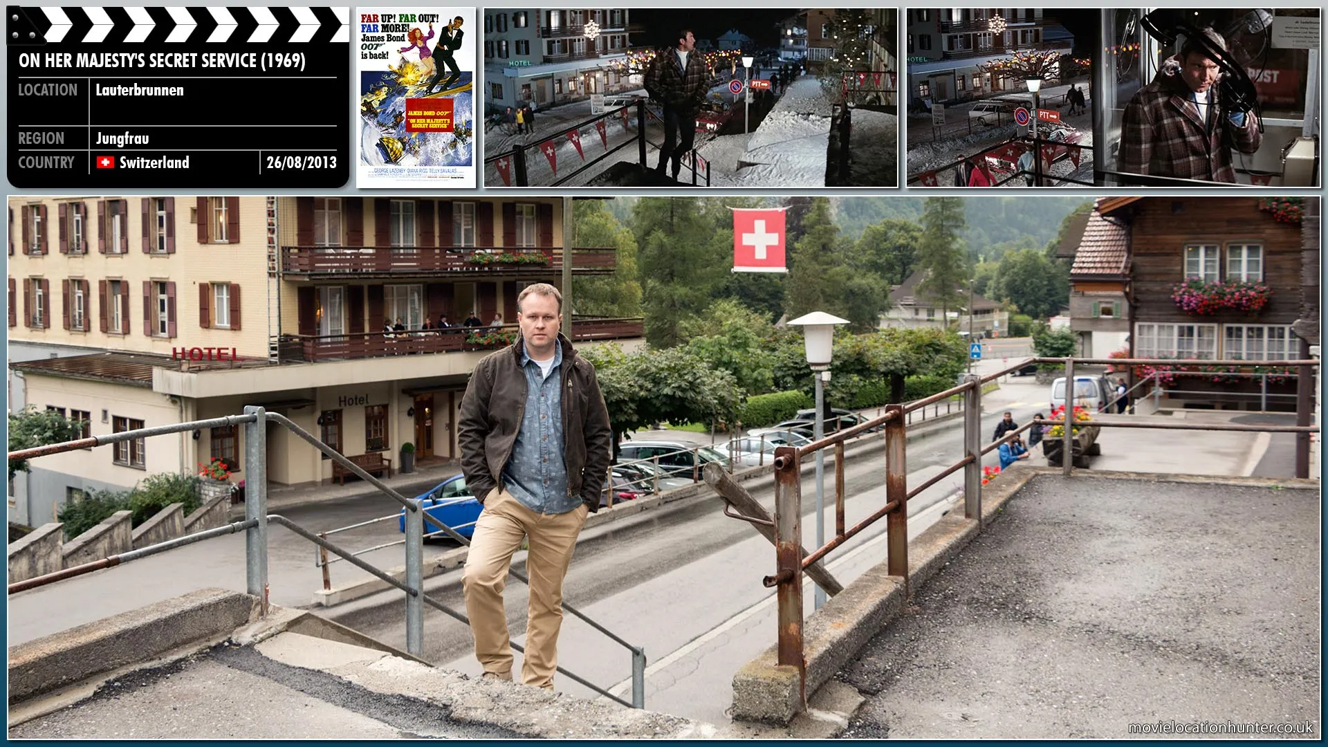 Filming location photo, shot in Switzerland, for On Her Majesty's Secret Service (1969). Scene description: As Bond (George Lazenby) tries to contact London by phone, Blofeld's henchwoman Irma Bunt (Ilse Steppat) attempts to eliminate Bond by shooting at the phone box.