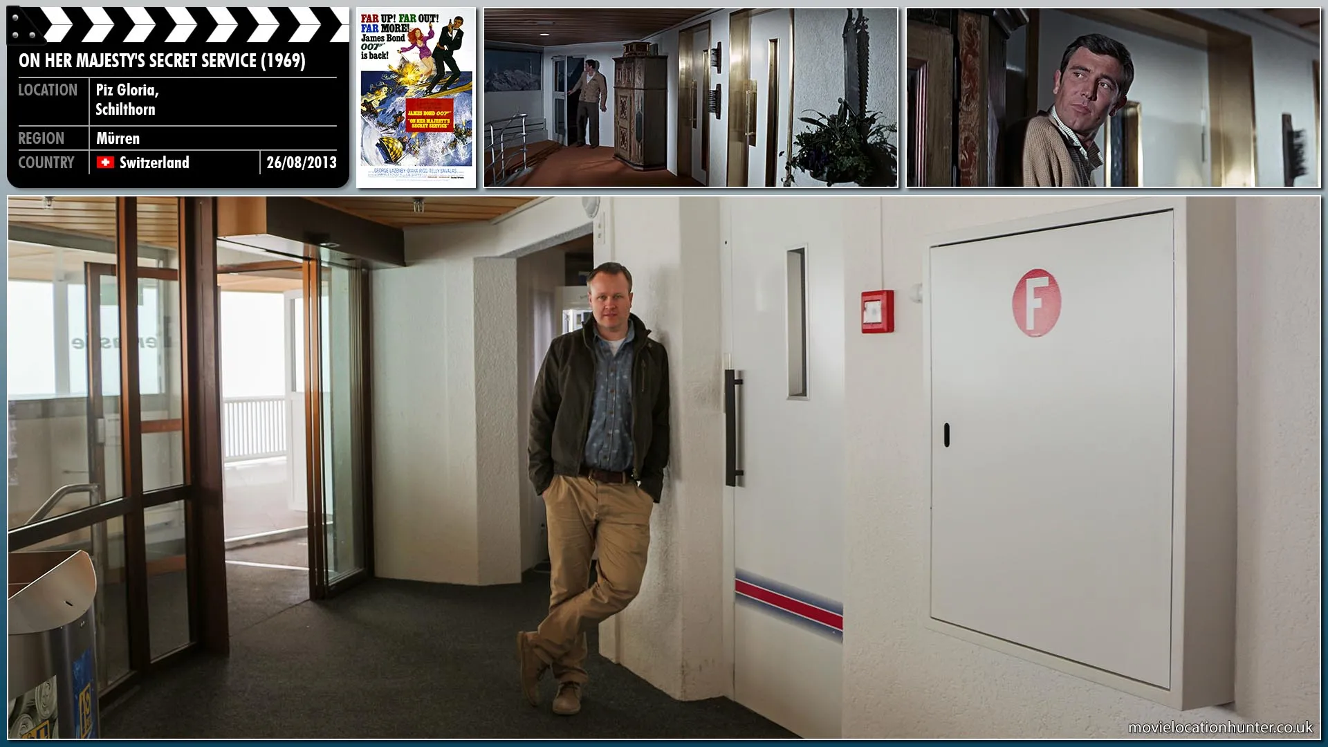 Filming location photo, shot in Switzerland, for On Her Majesty's Secret Service (1969). Scene description: Though he is essentially imprisoned in his room at night, Bond (George Lazenby) figures a way to open the door and can move around Blofeld’s complex.
