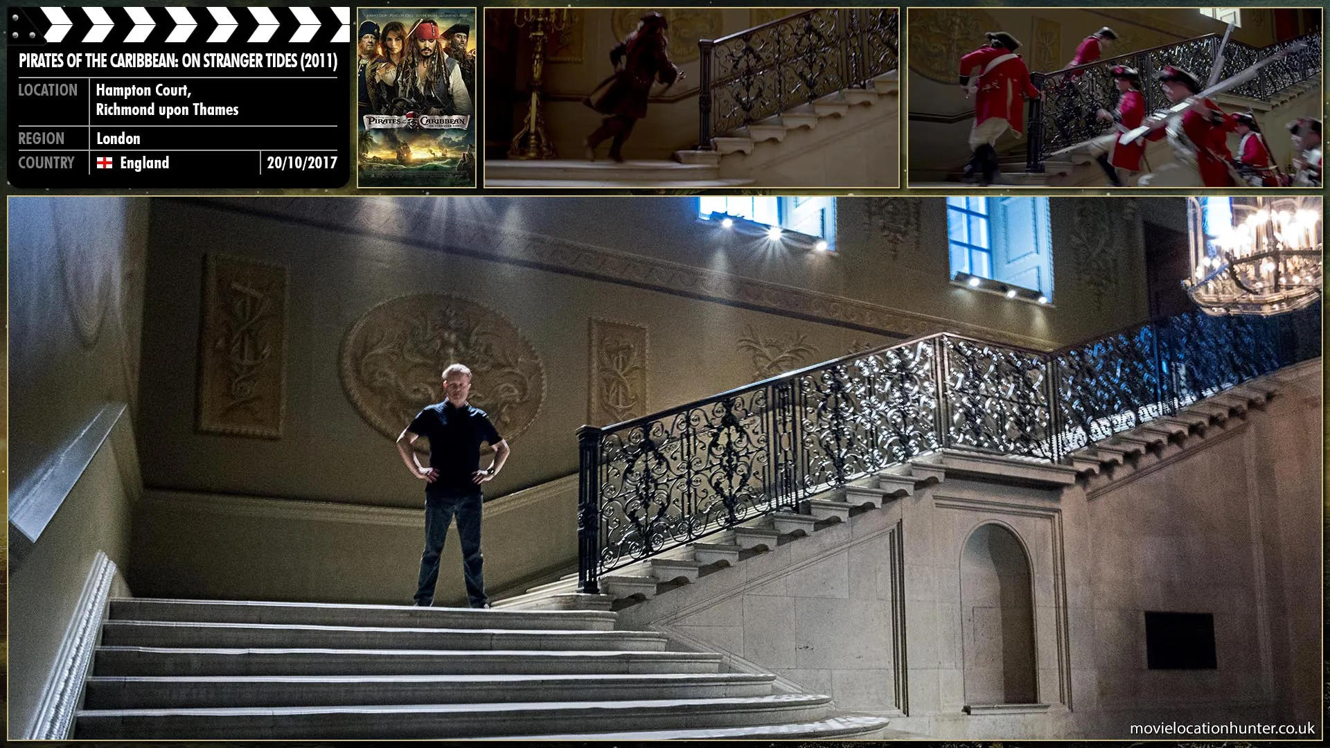 Filming location photo, shot in England, for Pirates of the Caribbean: On Stranger Tides (2011). Scene description: Jack (Johnny Depp) races up the stairs with the King’s Royal Guards in pursuit.