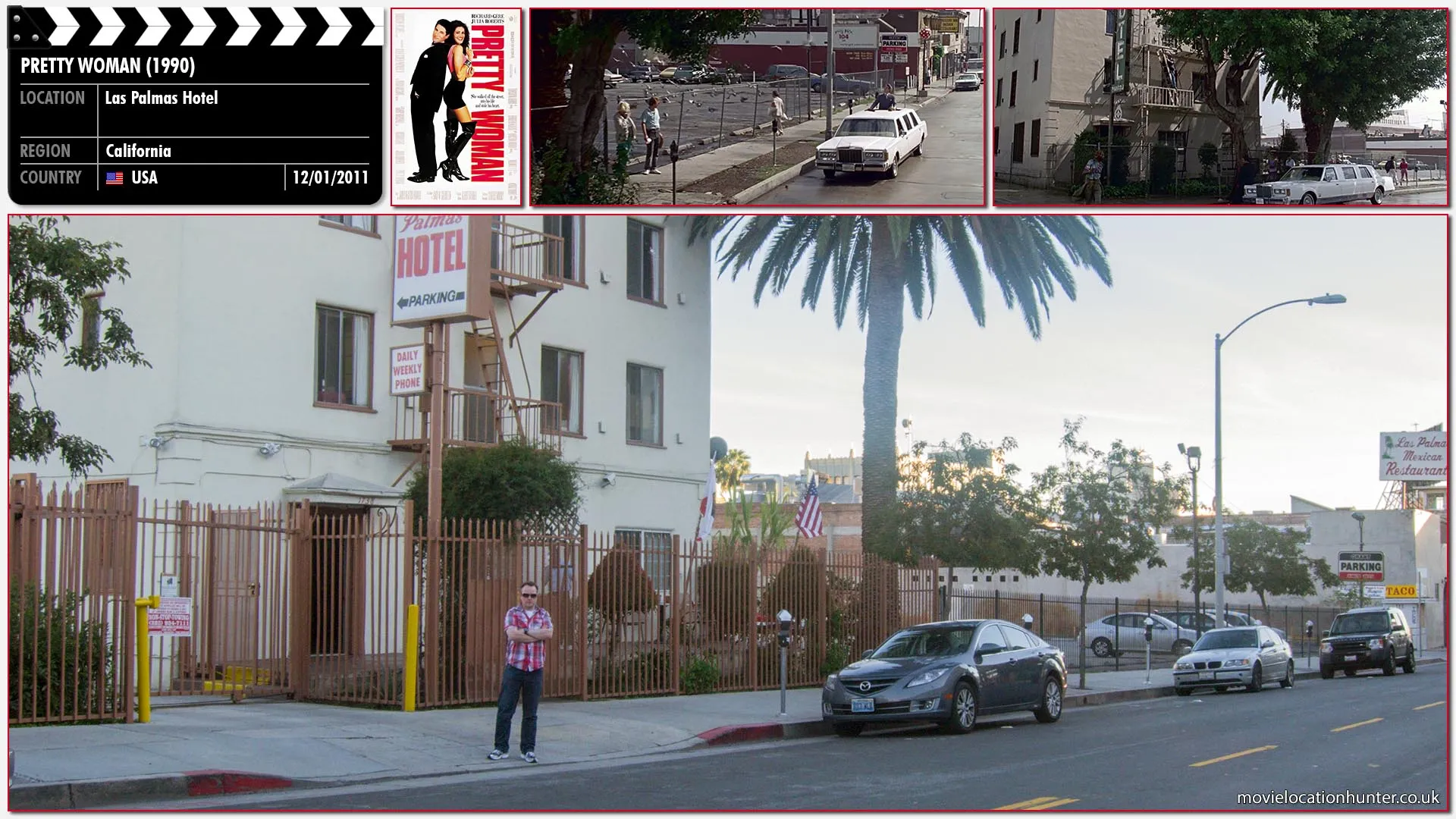 Filming location photo, shot in USA, for Pretty Woman (1990). Scene description: Vivienne (Julia Roberts) leaves, and is seen back at home with Kit (Laura San Giacomo), packing up to leave for San Franscisco. Edward (Richard Gere) gets into the car with the chauffeur that took her home, and rather than going to the airport, he goes to her apartment and climbs up the fire escpae (despite being afraid of heights) with a rose in his mouth, to woo her like in a fairy-story.