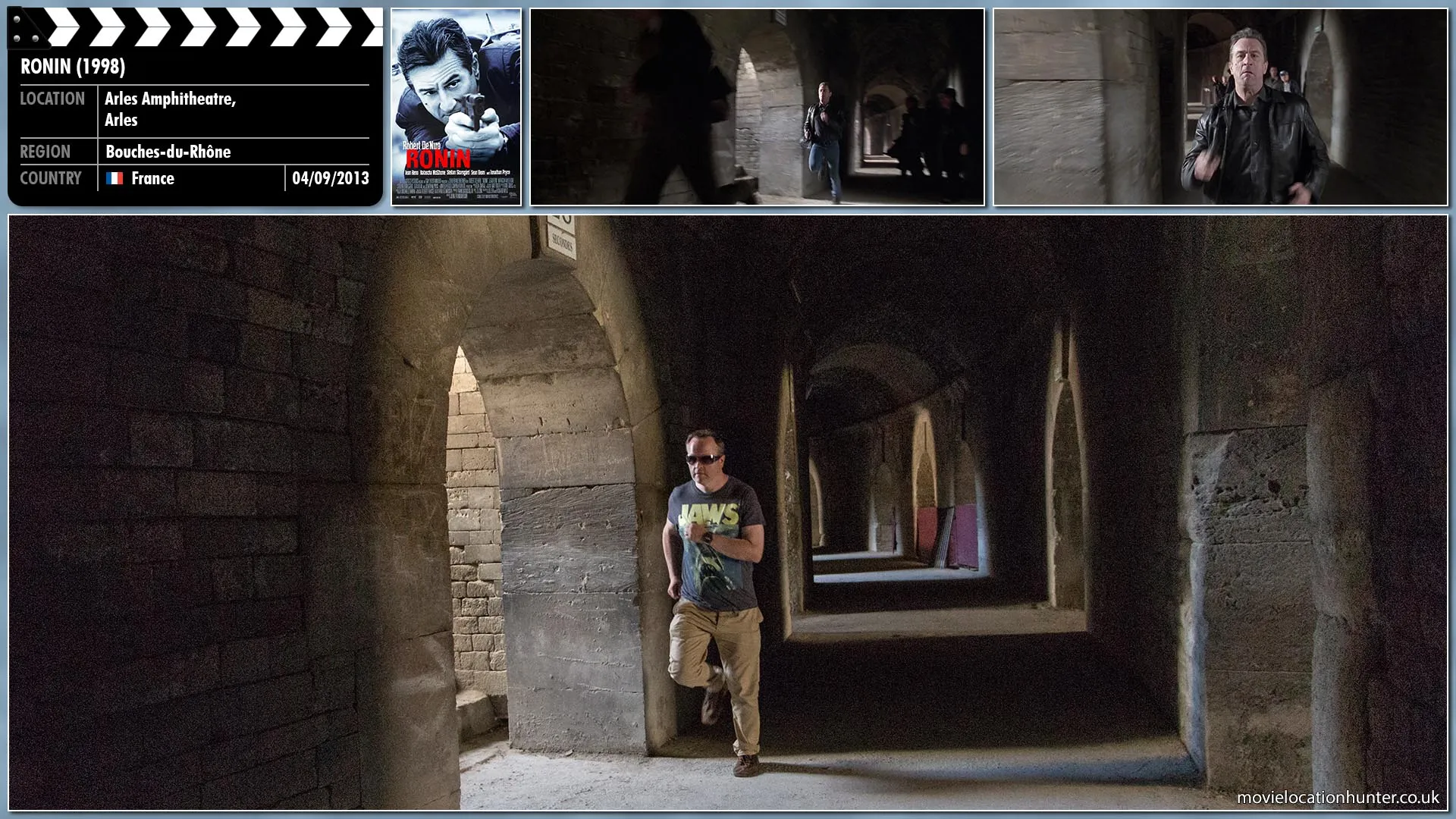 Filming location photo, shot in France, for Ronin (1998). Scene description: The team track Gregor (Stellan Skarsgård) through one of Sam's old CIA contacts and corner him in the Roman arena in Arles, where he is meeting the Russians.  A tense standoff and hectic gun fight follows as Deirdre (Natascha McElhone), Sam (Robert De Niro), and Vincent (Jean Reno) attempt to capture Gregor while the Russians try to kill them.