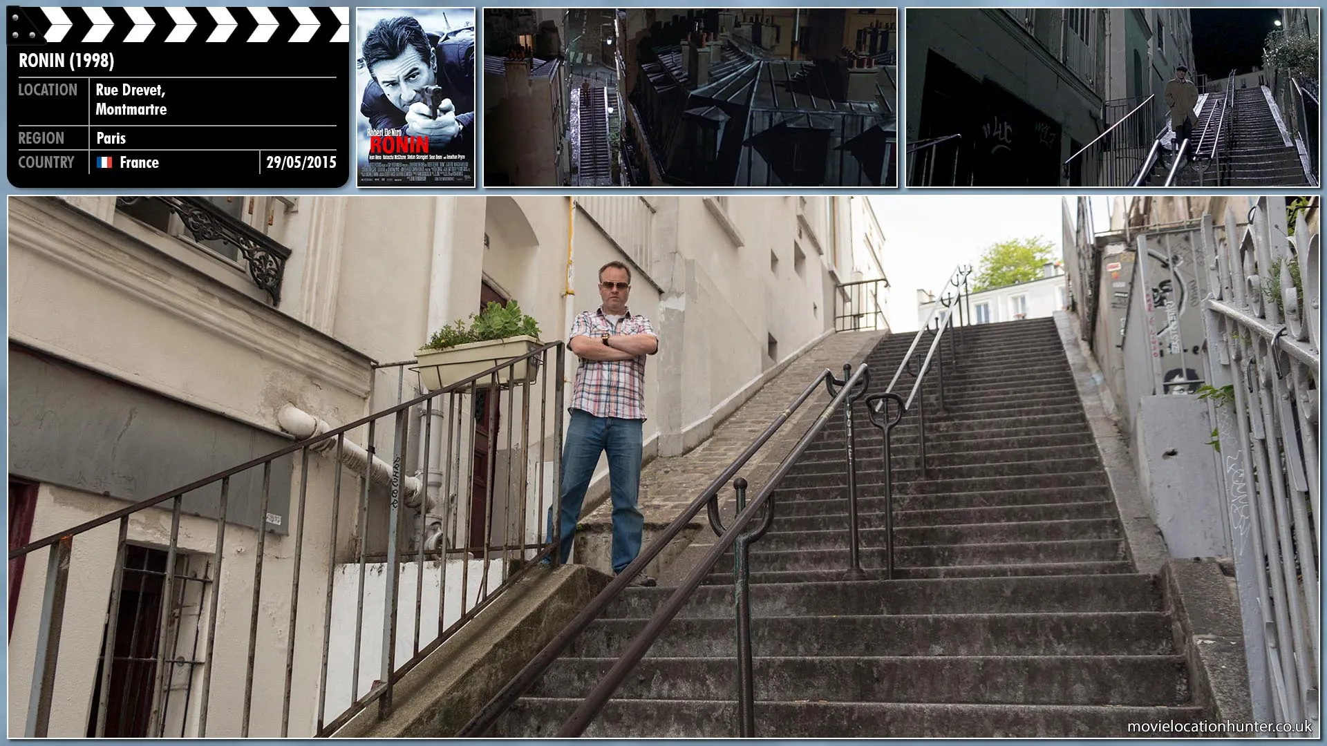 Filming location photo, shot in France, for Ronin (1998). Scene description: Sam (Robert De Niro) cautiously walks down some steps evaluating his surroundings as he prepares to meet with Deirdre (Natascha McElhone) in a small café to discuss a mission.
