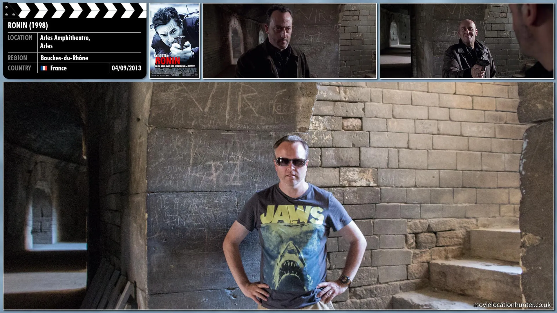 Filming location photo, shot in France, for Ronin (1998). Scene description: Vincent (Jean Reno) comes face-to-face with a man he recognizes from a previous job and is nearly shot. The man is distracted by Sam (Robert De Niro) and his bullet ricochets off the stone wall and hits Sam in his abdomen. Vincent shoots and kills the man instantly.