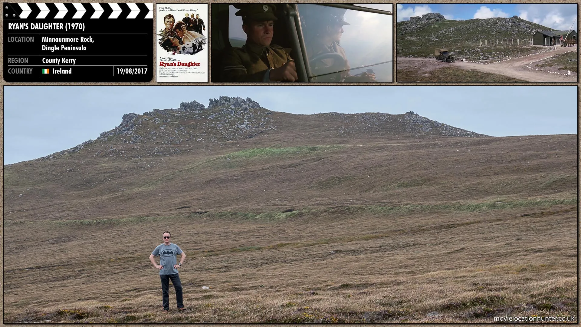 Filming location photo, shot in Ireland, for Ryan's Daughter (1970). Scene description: The small lorry arrives at the British camp.  Changes down a gear and swings sideways up a short steep track between whitewashed posts where sentry presents arms and sergeant salutes.  Lorry lurches to a halt among the few desolate huts.