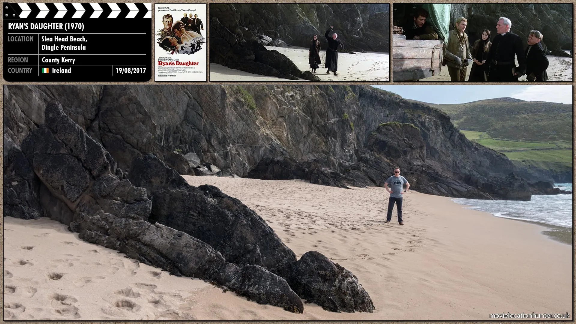 Filming location photo, shot in Ireland, for Ryan's Daughter (1970). Scene description: Rosy (Sarah Miles) and Father Collins (Trevor Howard) sit together in a small alcove of rocks on the beach.  A lorry backing onto the beach eventually stops and wheels spin as the engine screams as sand is lifted into big joyous arcs.  The disturbance brings both Rosy and Father Collins to their feet as they being to approach the lorry.