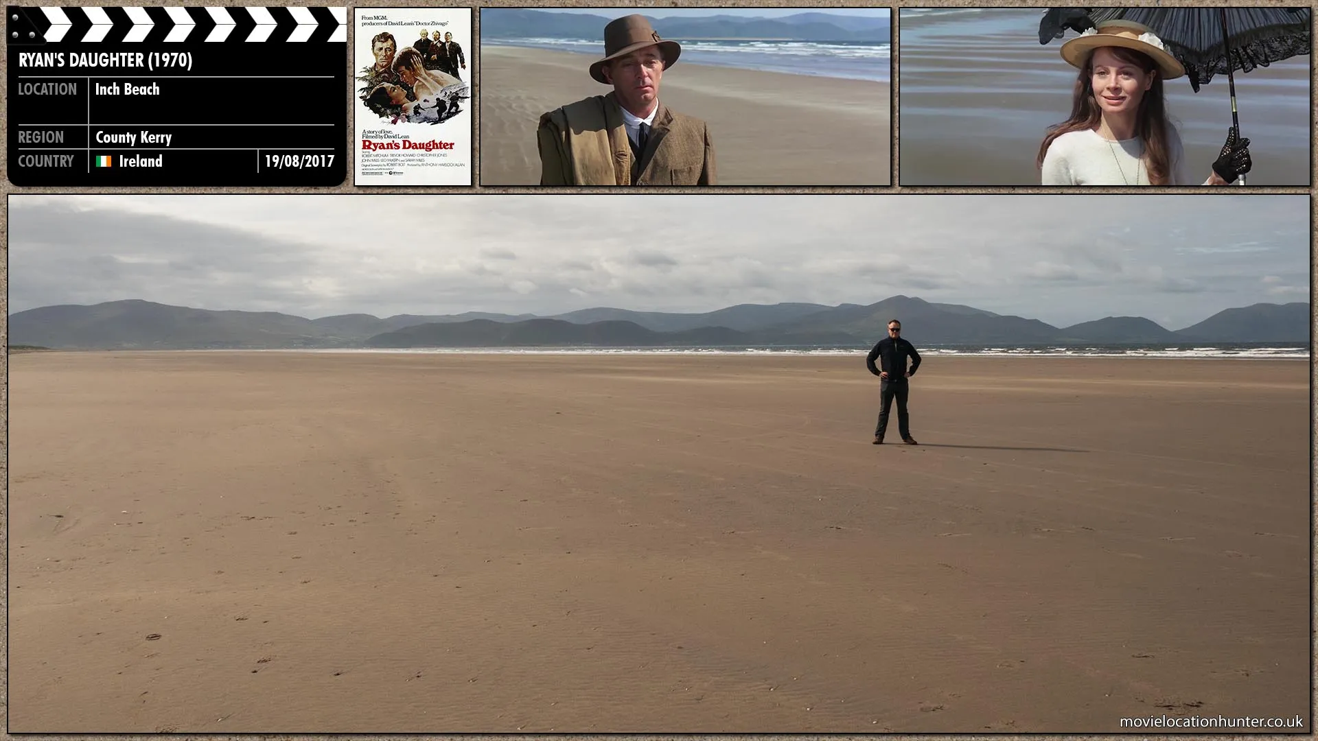 Filming location photo, shot in Ireland, for Ryan's Daughter (1970). Scene description: Rosy's face, composed but radiant, walks along the beach with shy expectancy towards a stranger walking towards her.  His feet plod to a stop on the last step.