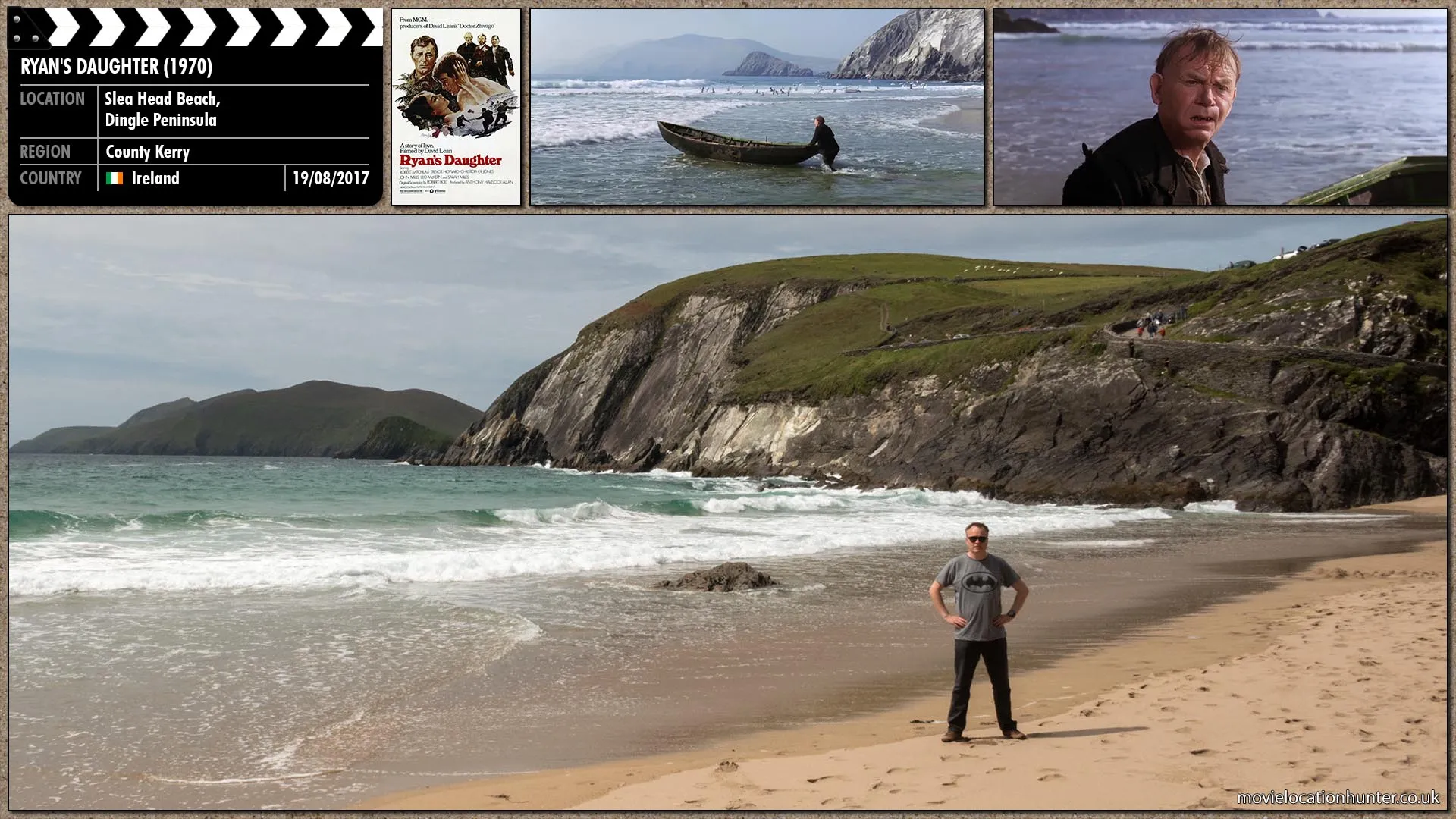 Filming location photo, shot in Ireland, for Ryan's Daughter (1970). Scene description: Michael (John Mills) starts pushing a curragh out to sea as it butts cheerfully through the low waves.  A wave catches the curragh but Michael is no longer holding it.  He is looking off at something.  A small lorry backing cautiously down the hardway onto the beach.  Father Collins (Trevor Howard) approaches with Rosy (Sarah Miles) some forty yards off.  Inside the lorry another man hurriedly hides his things and watches cautiously through a slit in the canvas covering as Father Collins shakes hands with the driver.  The man turns back and freezes.  Michael is staring at him.
