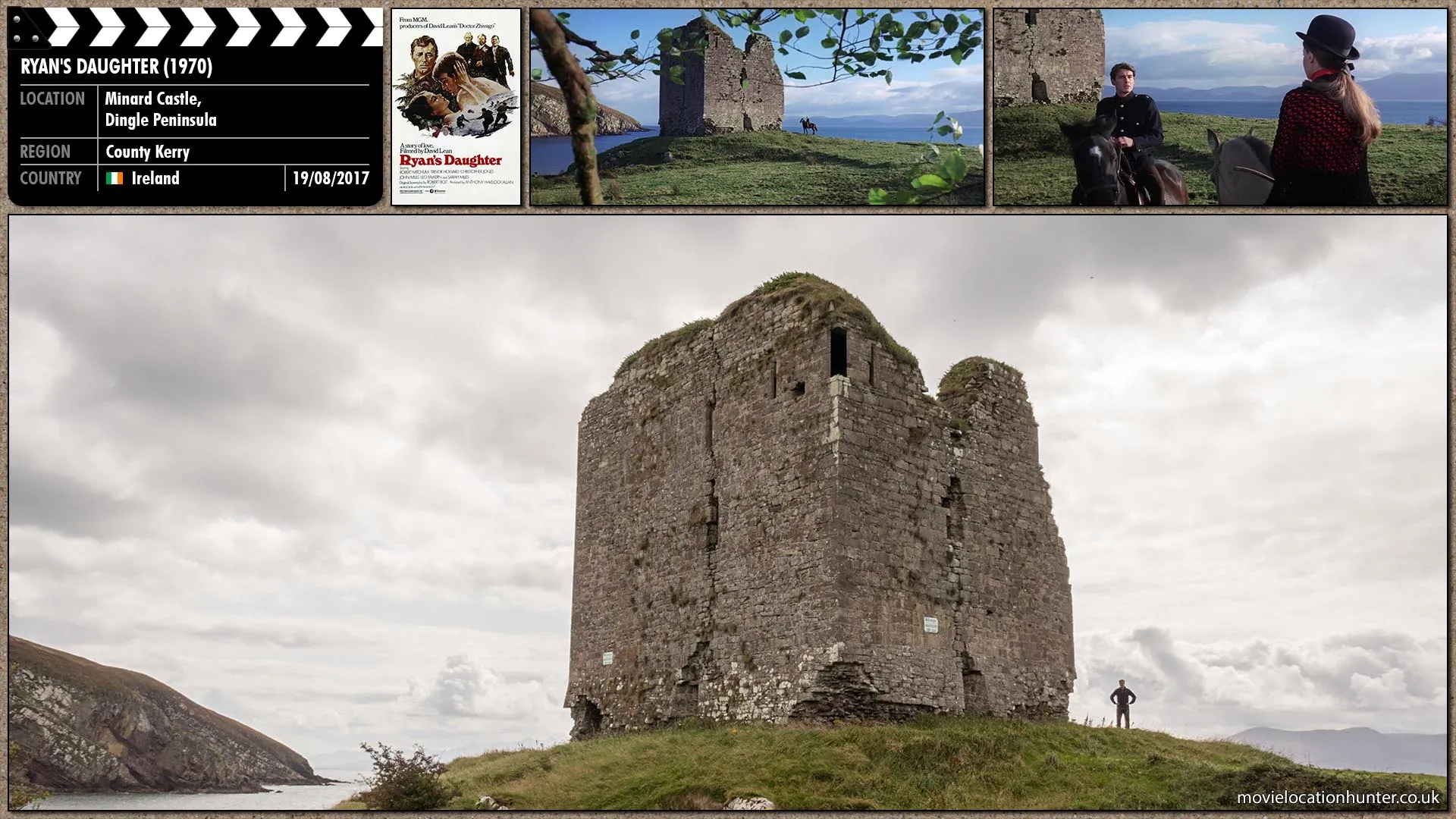 Filming location photo, shot in Ireland, for Ryan's Daughter (1970). Scene description: Rosy (Sarah Miles) peers between leaves wet from the recent rain. The mare is motionless beneath her. A ruined Celtic tower. She watches Randolph (Christopher Jones) ascending towards it behind him an uncertain sky of grey with gaps of blue.