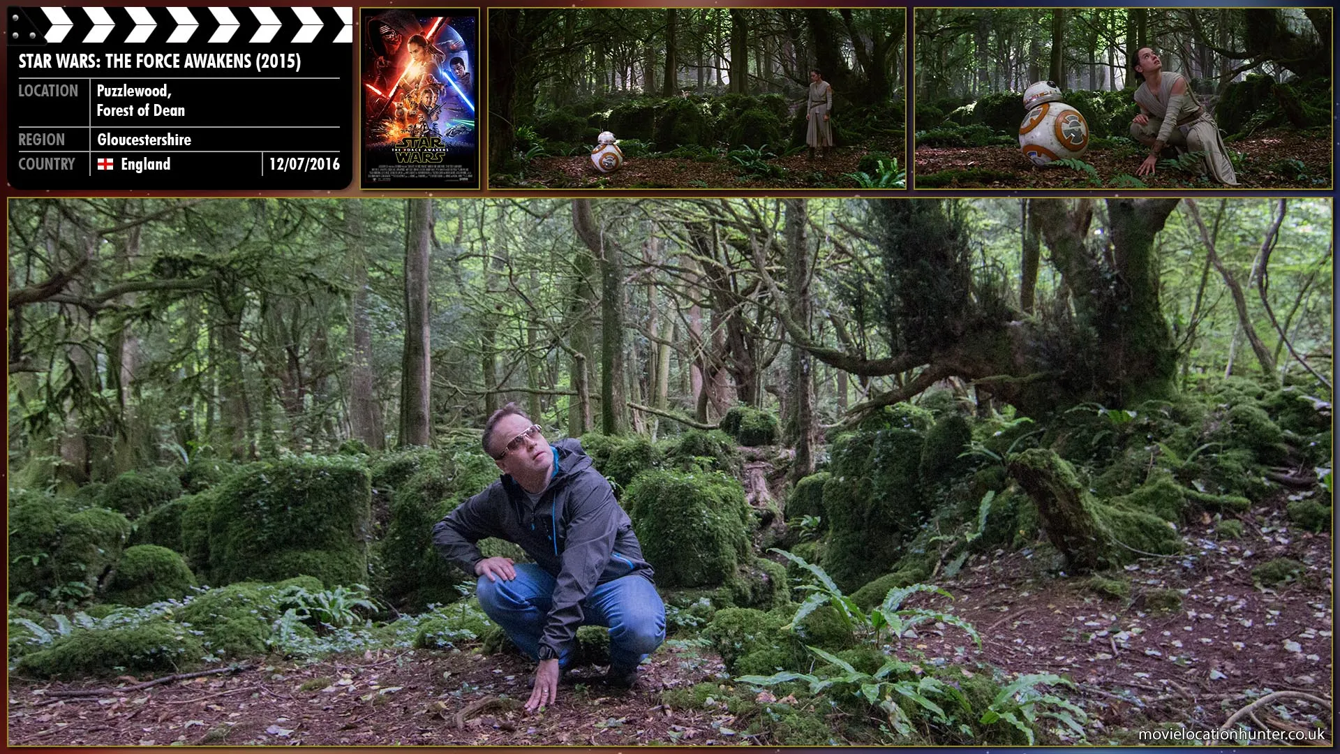Filming location photo, shot in England, for Star Wars: The Force Awakens (2015). Scene description: After discovering Luke Skywalker's lightsaber Rey (Daisy Ridley) experiences a frightening vision and refuses Luke's lightsaber and runs out into the forest of Takodana.  When she comes to rest she hears BB-8 and turns to see he has followed her.