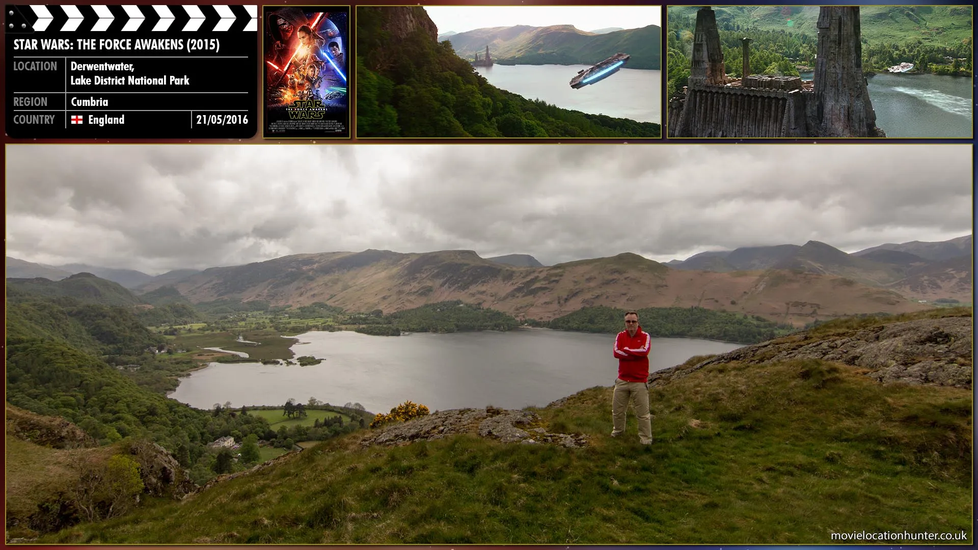 Filming location photo, shot in England, for Star Wars: The Force Awakens (2015). Scene description: The Millennium Falcon, with Rey (Daisy Ridley), Han (Harrison Ford) and Finn (John Boyega) in the cockpit and Chewbacca (Peter Mayhew) in the back, sweeps in over Takodana to meet Maz Kanata (Lupita Nyong'o).  Rey looks longingly on the landscape and utters these words: “I didn’t know there was this much green in the whole galaxy”.