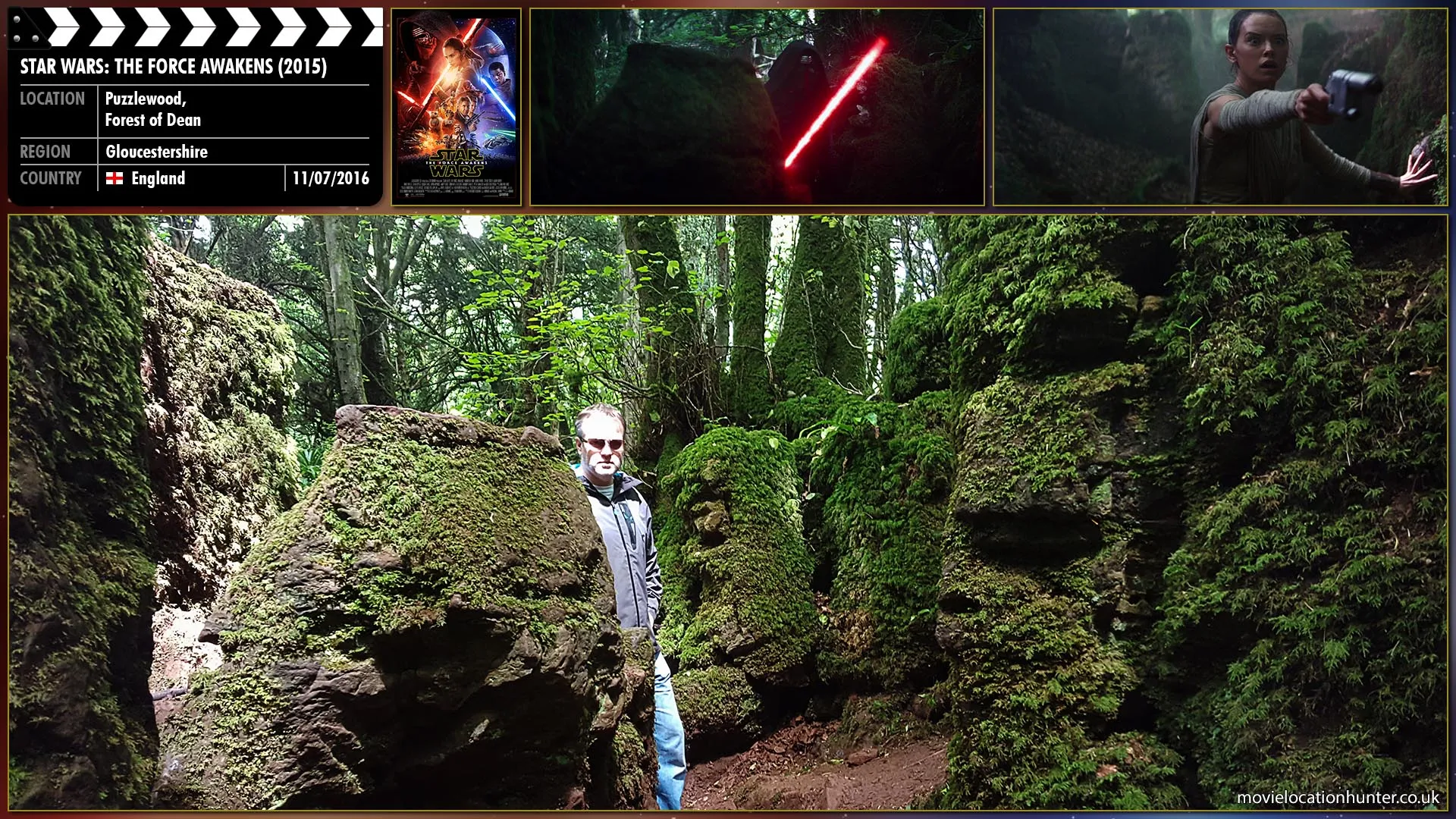 Filming location photo, shot in England, for Star Wars: The Force Awakens (2015). Scene description: Kylo Ren (Adam Driver) tracks down Rey (Daisy Ridley) in the forest. He pursues her through a narrow canyon easily fending off her desperate attempts to fire on him with the blaster.