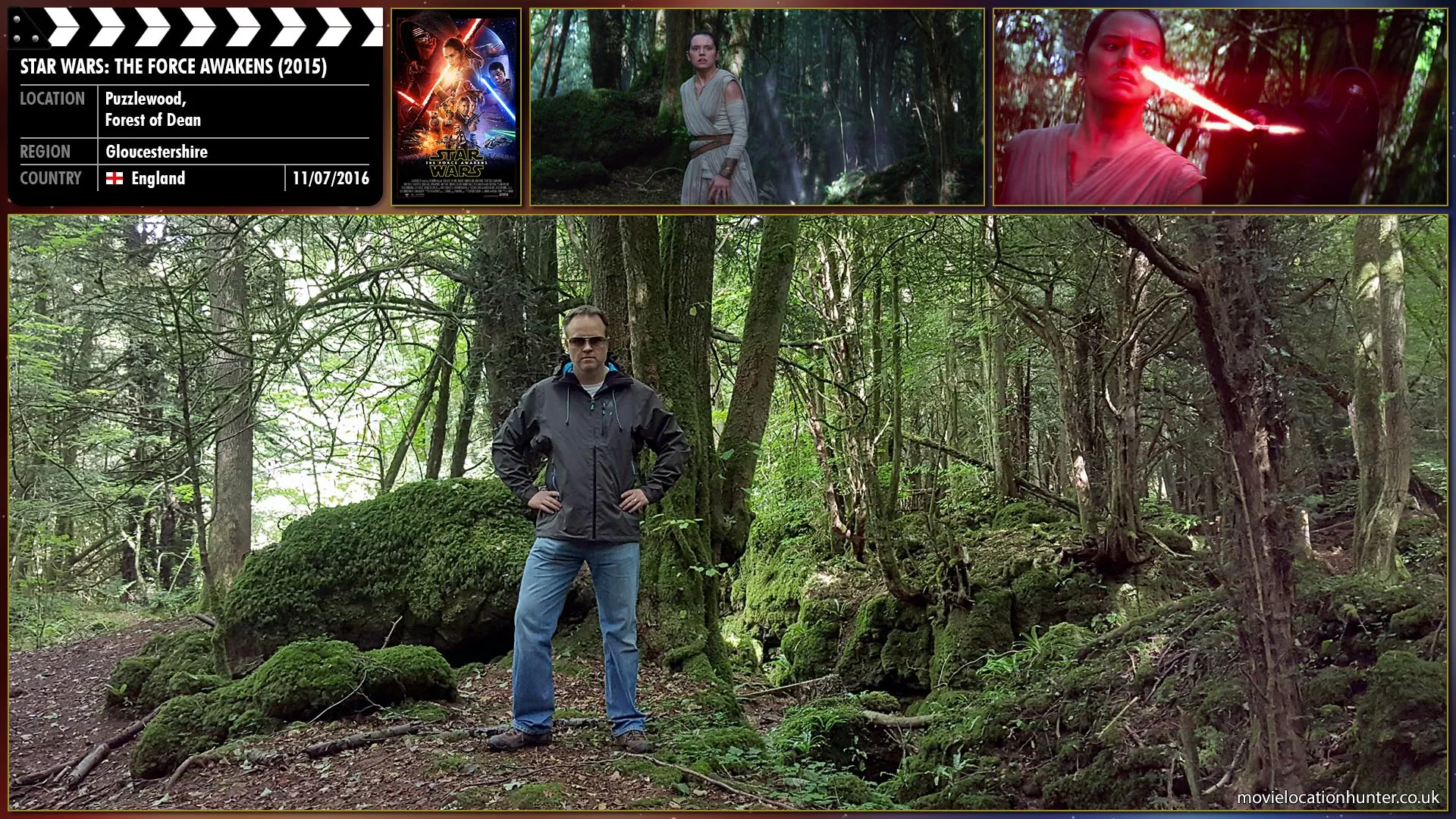 Filming location photo, shot in England, for Star Wars: The Force Awakens (2015). Scene description: Rey (Daisy Ridley) fires ferociously, but Kylo Ren (Adam Driver) keeps coming! His hand rises, and Rey suddenly stops and is unable to move. He walks around her, slowly, and whips his lightsaber up to her eyes, illuminating her face.