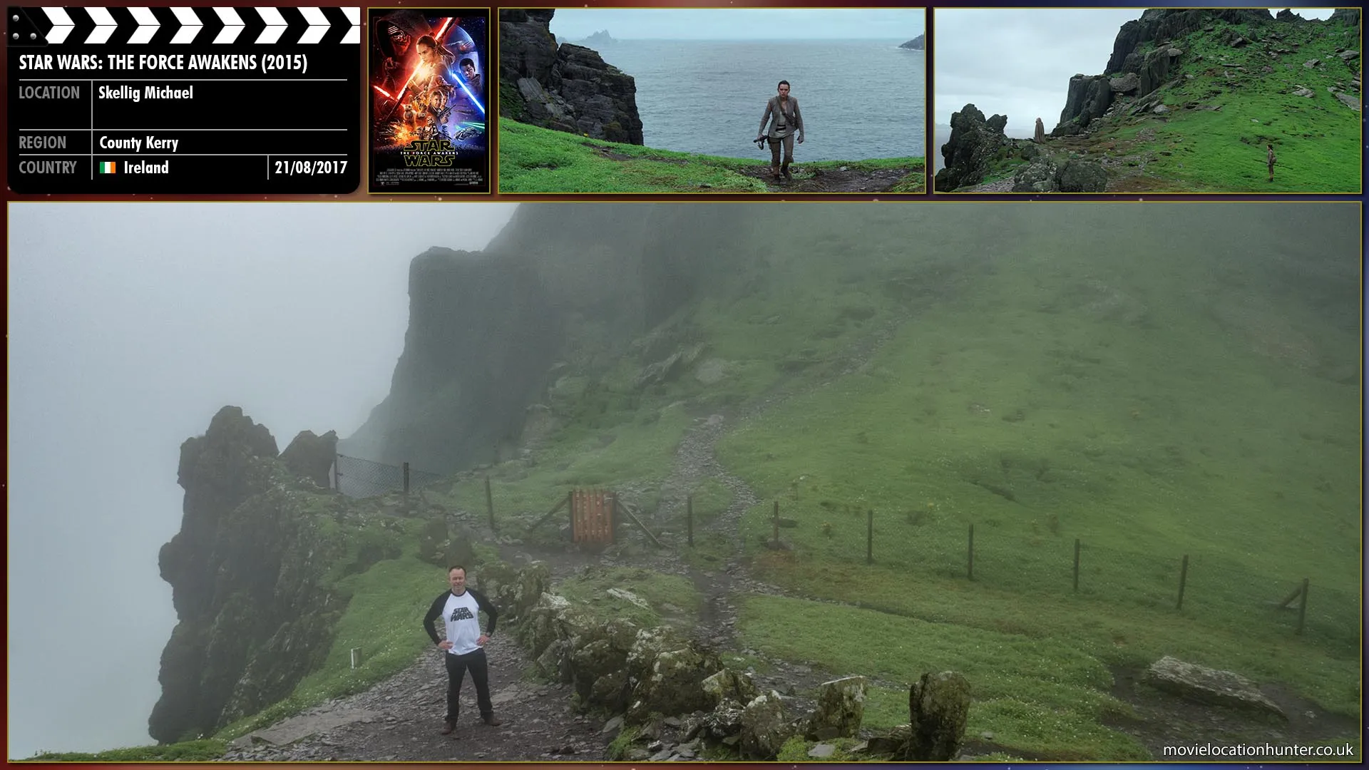 Filming location photo, shot in Ireland, for Star Wars: The Force Awakens (2015). Scene description: Rey (Daisy Ridley) suddenly stops. Standing forty feet away from her, his back to her, is a man, in a cloak and robe.