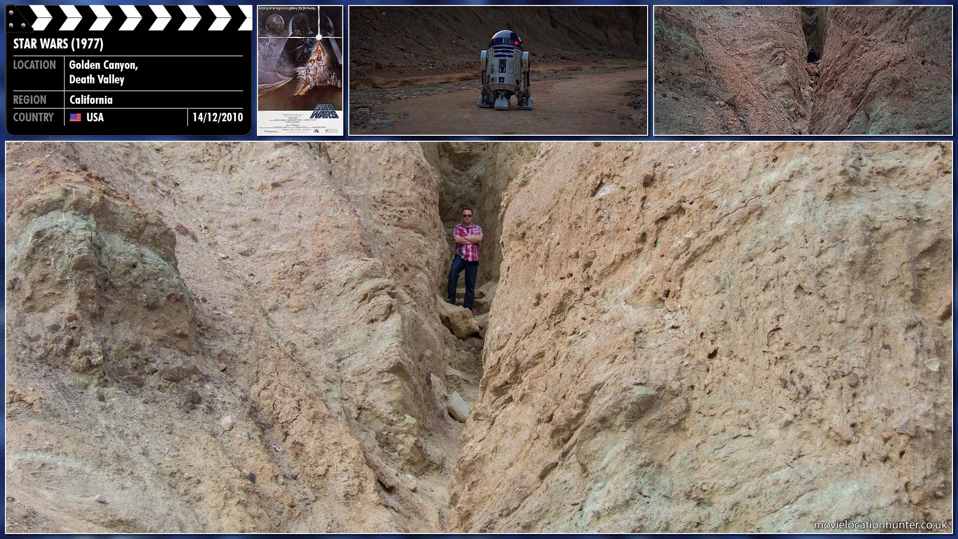 Filming location photo, shot in USA, for Star Wars (1977). Scene description: R2-D2 (Kenny Baker) makes his way cautiosly through a canyon with his sensors indicating he is being watched.  Every so often he stops and scans the area but detects no one.