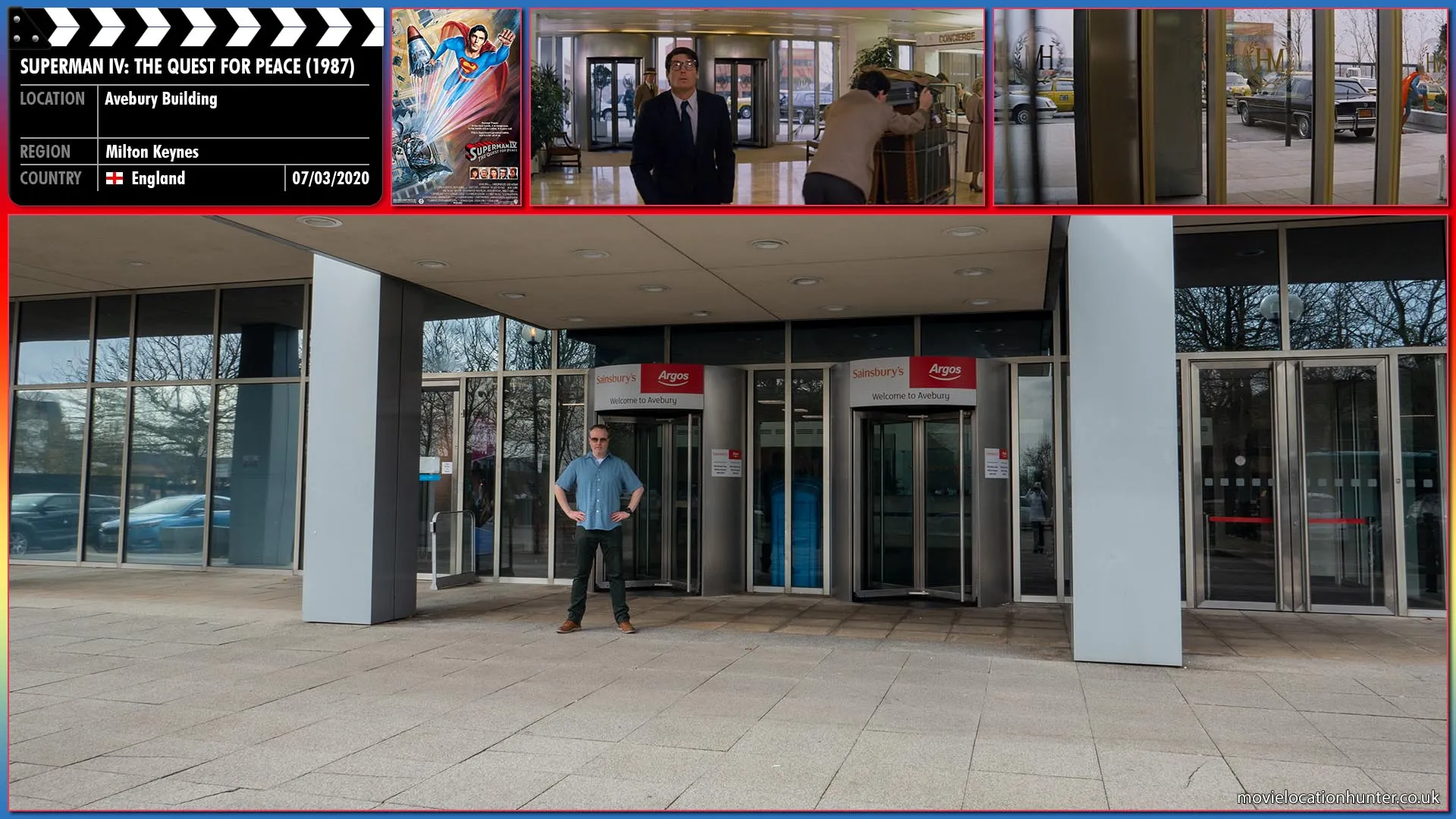 Filming location photo, shot in England, for Superman IV: The Quest for Peace (1987). Scene description: Pushed into Metropolis Hyatt hotel foyer on a dolly laden with baggage, Clark Kent (Christopher Reeve) jumps off, removes his glasses and runs through the revolving doors and jumps into the back seat of a car and comes out the other side as Superman!