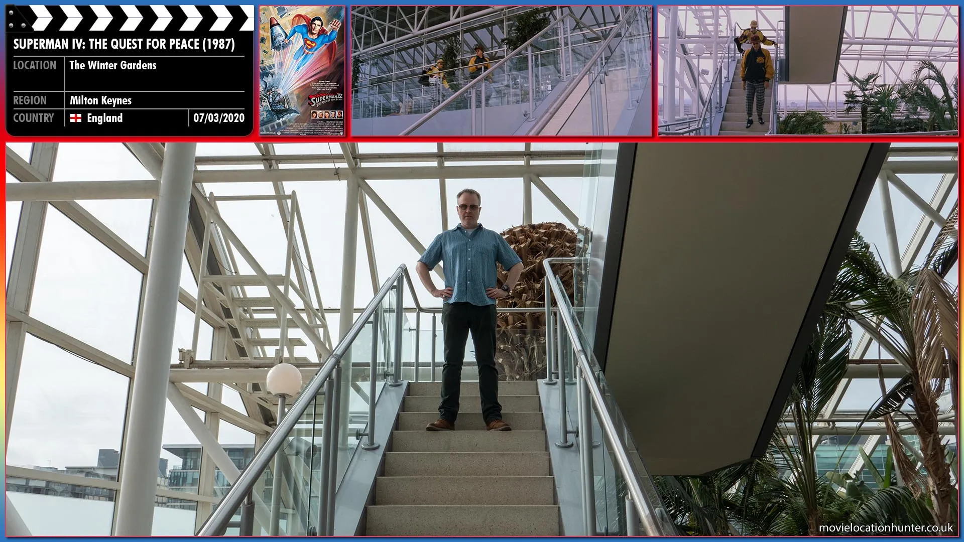 Filming location photo, shot in England, for Superman IV: The Quest for Peace (1987). Scene description: Once the museum has closed, Lex Luthor (Gene Hackman) confidently leads his nephew Lenny (Jon Cryer) to the Superman exhibit where he plans to steal the single strand of hair graciously donated by Superman (Christopher Reeve).