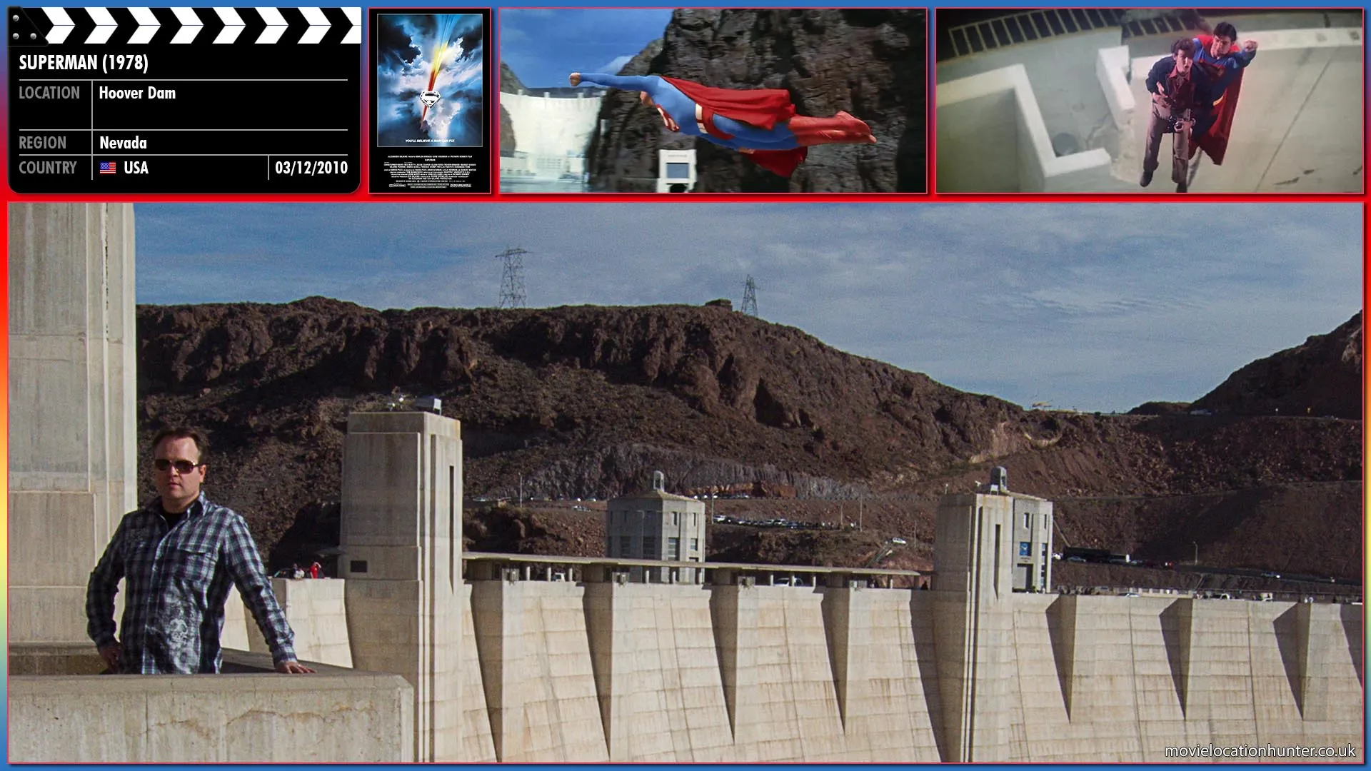 Filming location photo, shot in USA, for Superman (1978). Scene description: Superman (Christopher Reeve) prevents the massive earthquake Luthor (Gene Hackman) had intended but the violent aftershocks still cause massive damage.  The Hoover Dam is about to burst just as Superman flies in and picks Jimmy Olsen (Marc McClure) up and flies him out of danger.