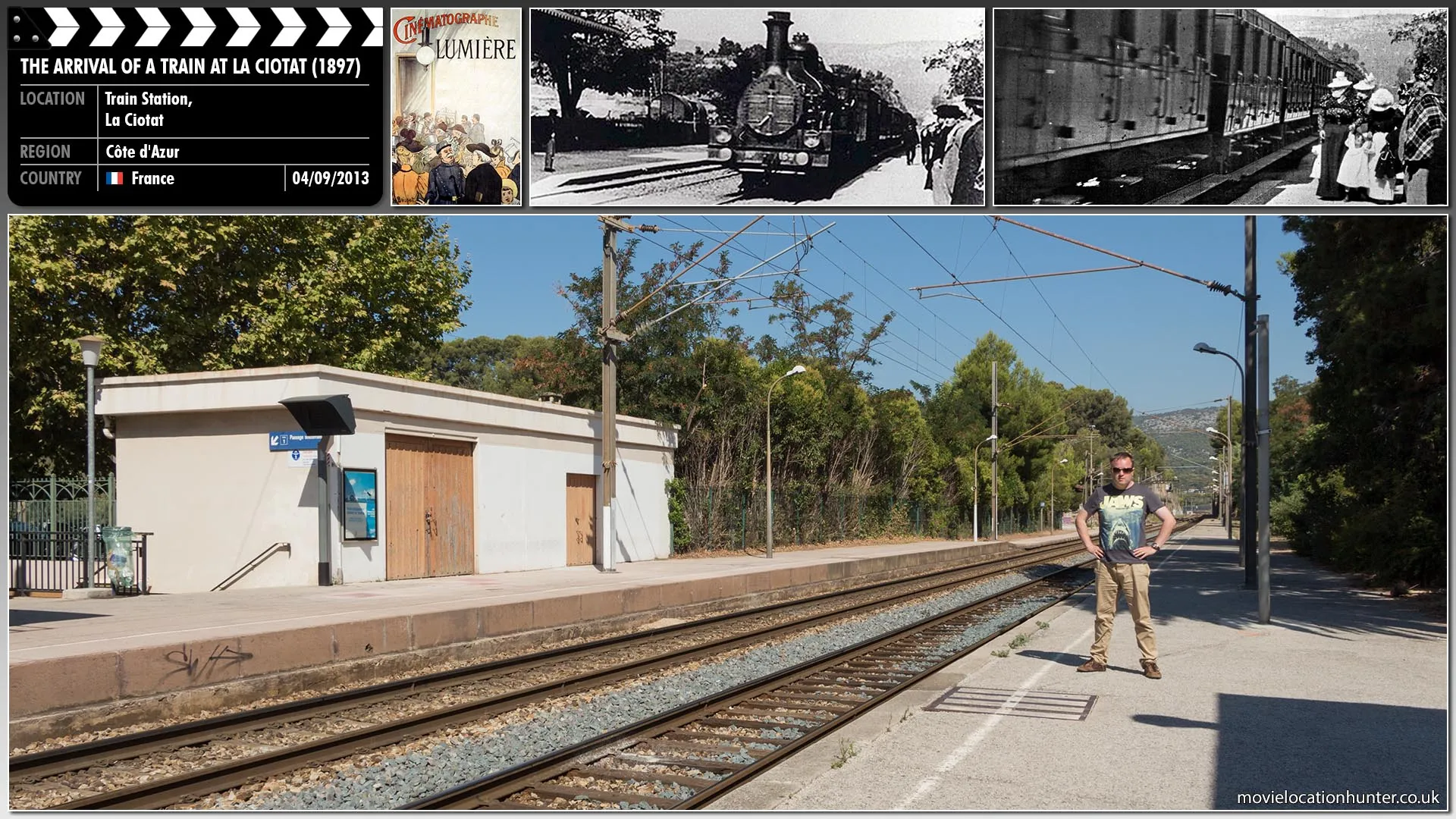 Filming location photo, shot in France, for The Arrival of a Train at La Ciotat (1897). Scene description: Directed and produced by Auguste and Louis Lumière the short film shows the entry of a steam locomotive pulling into the gare de La Ciotat, a train station of the French coastal town of La Ciotat. Generally considered to be among the first motion pictures in modern history the audience was so overwhelmed by the moving image of a life-sized train coming directly at them that people screamed and ran to the back of the room.