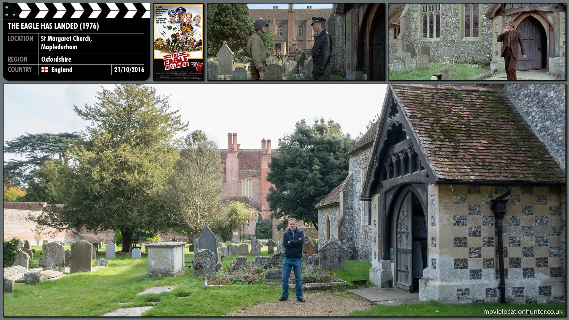 Filming location photo, shot in England, for The Eagle Has Landed (1976). Scene description: After their cover is blown the German soldiers round up the locals into the village church, but Pamela (Judy Geeson), the sister of the village priest Father Vereker (John Standing), escapes to alert a unit of the United States Army Rangers stationed nearby.