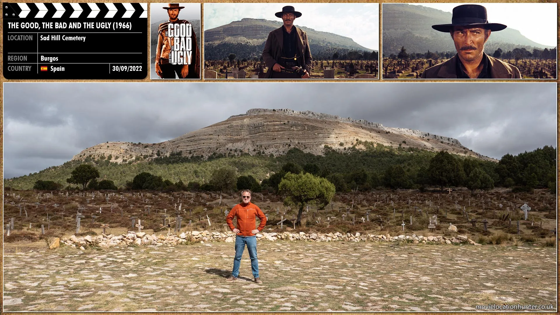 Filming location photo, shot in Spain, for The Good, the Bad and the Ugly (1966). Scene description: Tuco (Eli Wallach) checks on a map hinting at the location of the gold but won’t share the exact location with Blondie.  He just asks him to trust him.