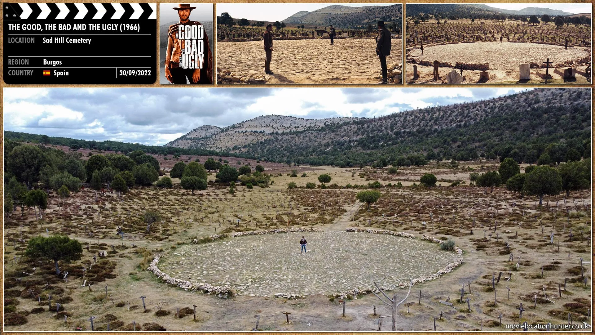 Filming location photo, shot in Spain, for The Good, the Bad and the Ugly (1966). Scene description: Blondie (Clint Eastwood) then leads Tuco (Eli Wallach) and Angel Eyes (Lee Van Cleef) into an empty patch of land in the middle of the cemetery. He writes the name of the real grave under a stone which he places in the center.