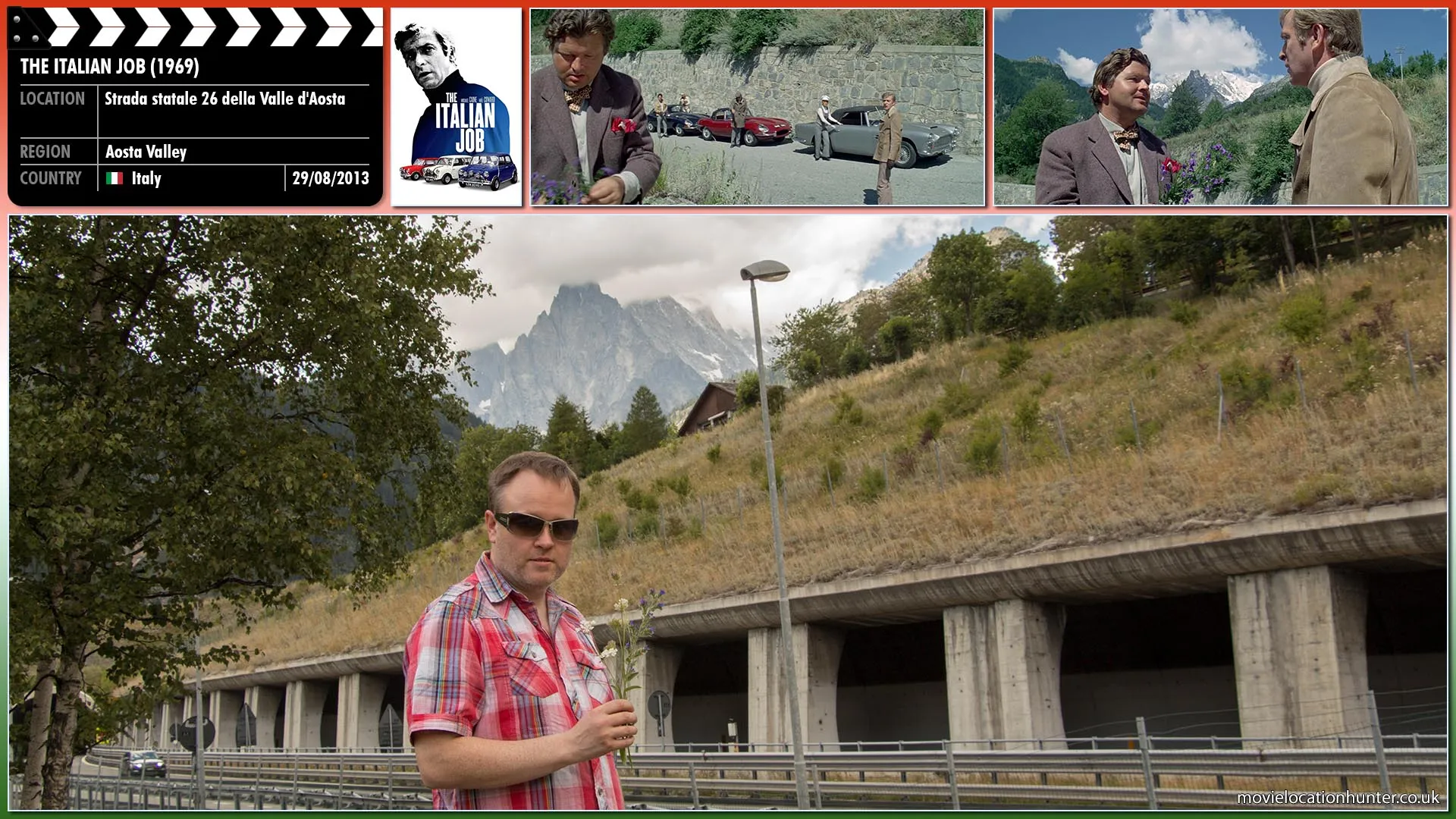 Filming location photo, shot in Italy, for The Italian Job (1969). Scene description: Professor Peach (Benny Hill) has some varied interests. Some benign, like picking flowers (which slows the gang down), some more aggressive (which got him put in a home). But because he's the best computer expert, these foibles are overlooked.