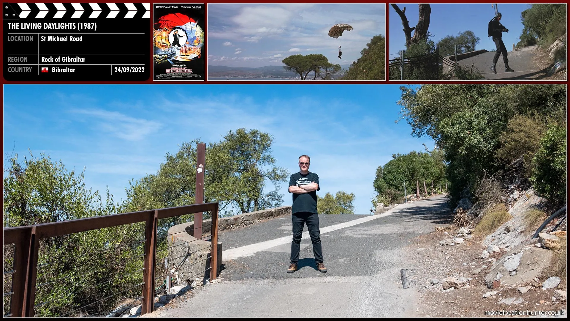 Filming location photo, shot in Gibraltar, for The Living Daylights (1987). Scene description: 002 (Glyn Baker) attempts to land but his parachute ends up entangled in a tree.