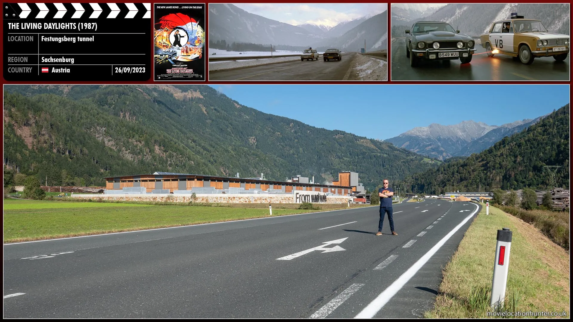 Filming location photo, shot in Austria, for The Living Daylights (1987). Scene description: The assassin (Carl Rigg) slides a note marked 