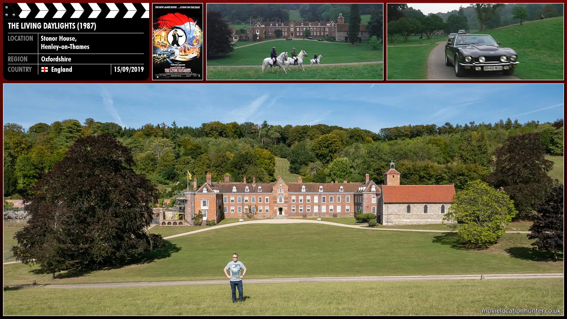 Filming location photo, shot in England, for The Living Daylights (1987). Scene description: Bond (Timothy Dalton) arrives at Blayden House, the MI6 safe house and debriefing location for General Georgi Koskov (Jeroen Krabbé) after his defection to the British.
