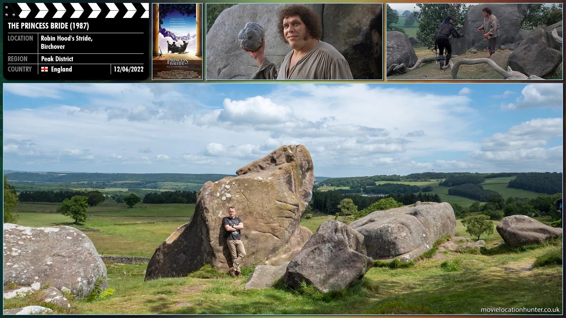 Filming location photo, shot in England, for The Princess Bride (1987). Scene description: Fezzik (André the Giant) hides behind a large boulder until the Man In Black (Cary Elwes) comes around a bend. Fezzik throws the boulder towards the Man In Black, shattering it on a boulder inches in front of him.