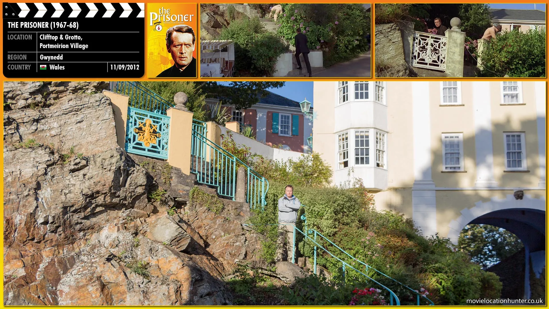 Filming location photo, shot in Wales, for The Prisoner (1967). Scene description: The prisoner (Patrick McGoohan) makes his way to the Green Dome which is the seat of power and is the residence of Number 2 (Colin Gordon).
