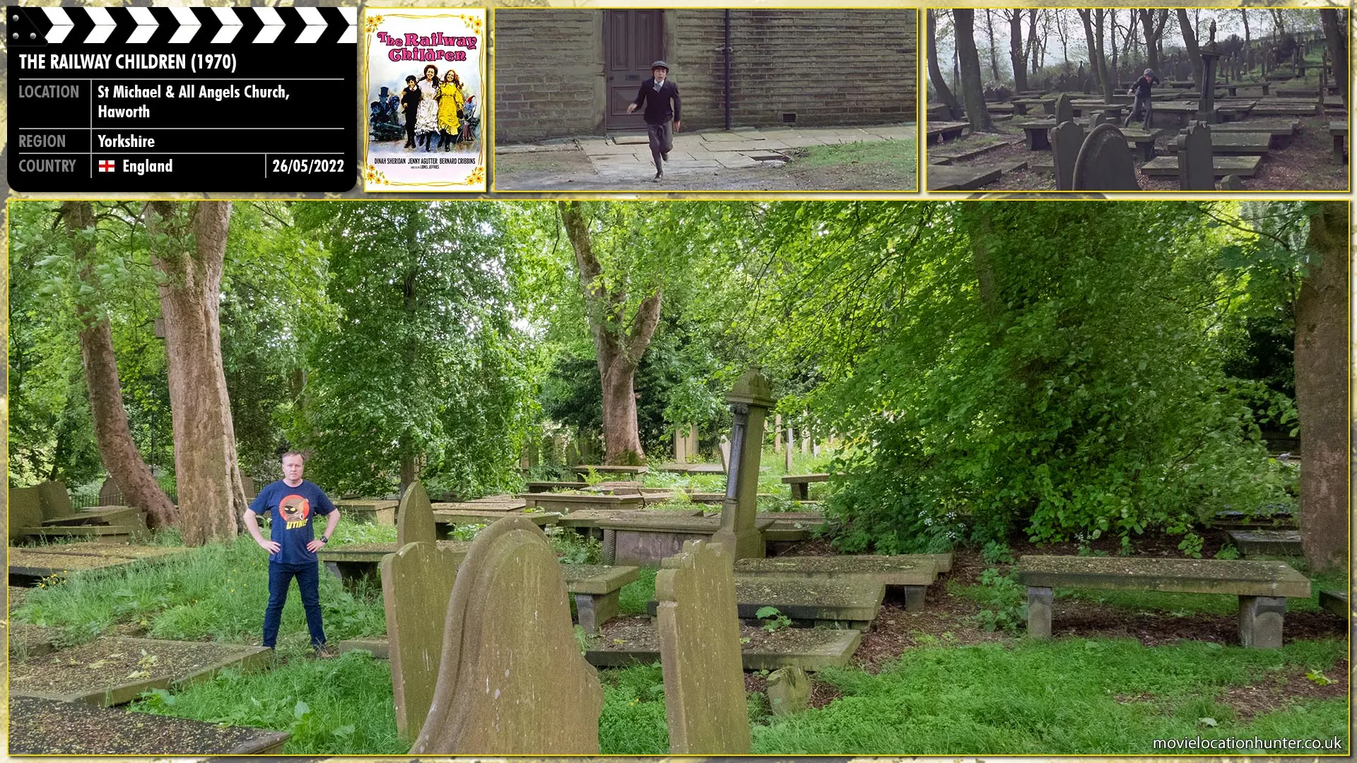 Filming location photo, shot in England, for The Railway Children (1970). Scene description: Discovering his mother is unwell, Peter (Gary Warren) runs from the family home, through the graveyard and heads towards the surgery. 