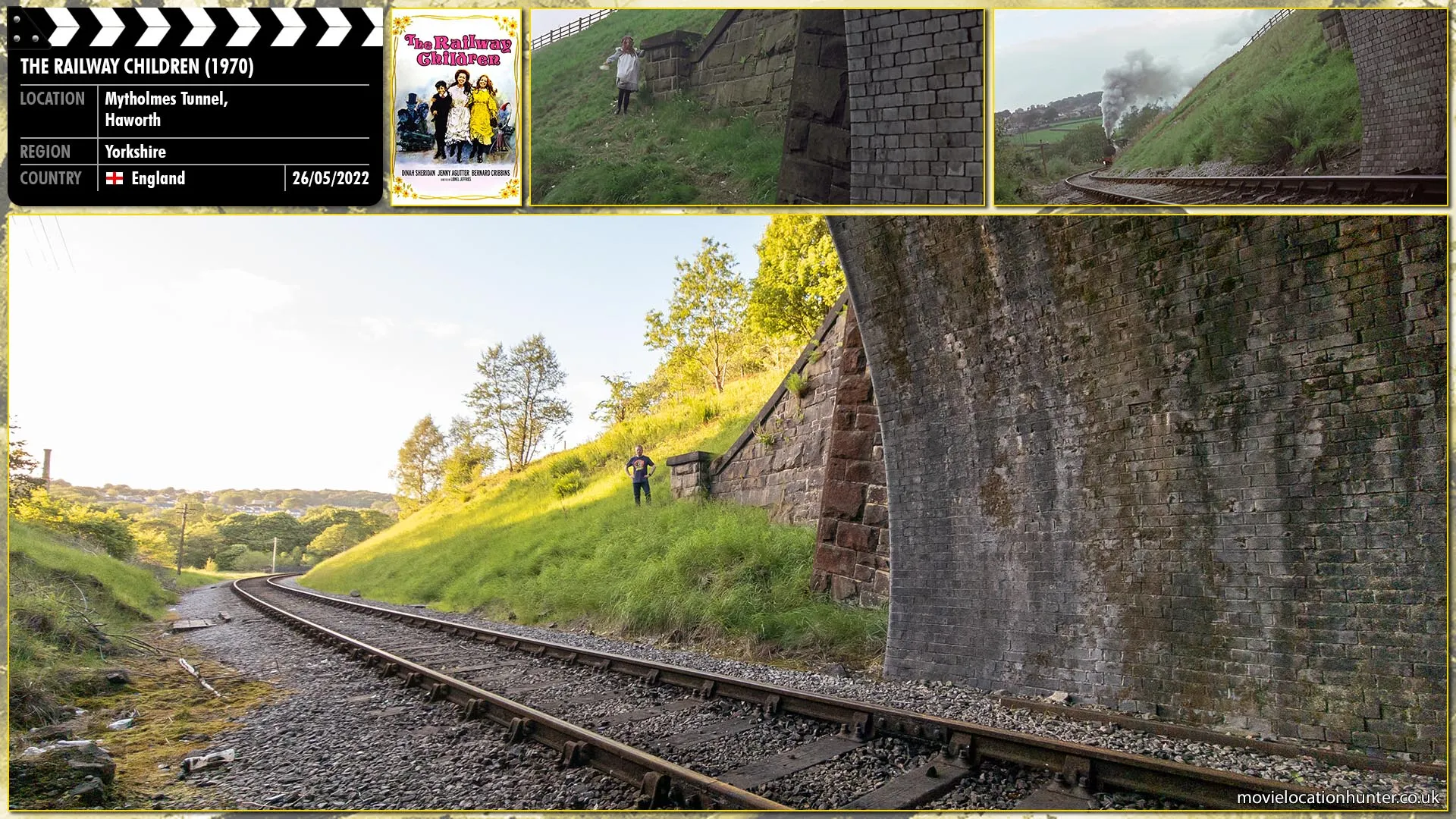 Filming location photo, shot in England, for The Railway Children (1970). Scene description: One day, while watching the railway tracks, they notice there has been a landslide which has partially obstructed the tracks. The children fashion the girls' red petticoats into flags to warn the driver of the impending danger. The train stops due to their warning.