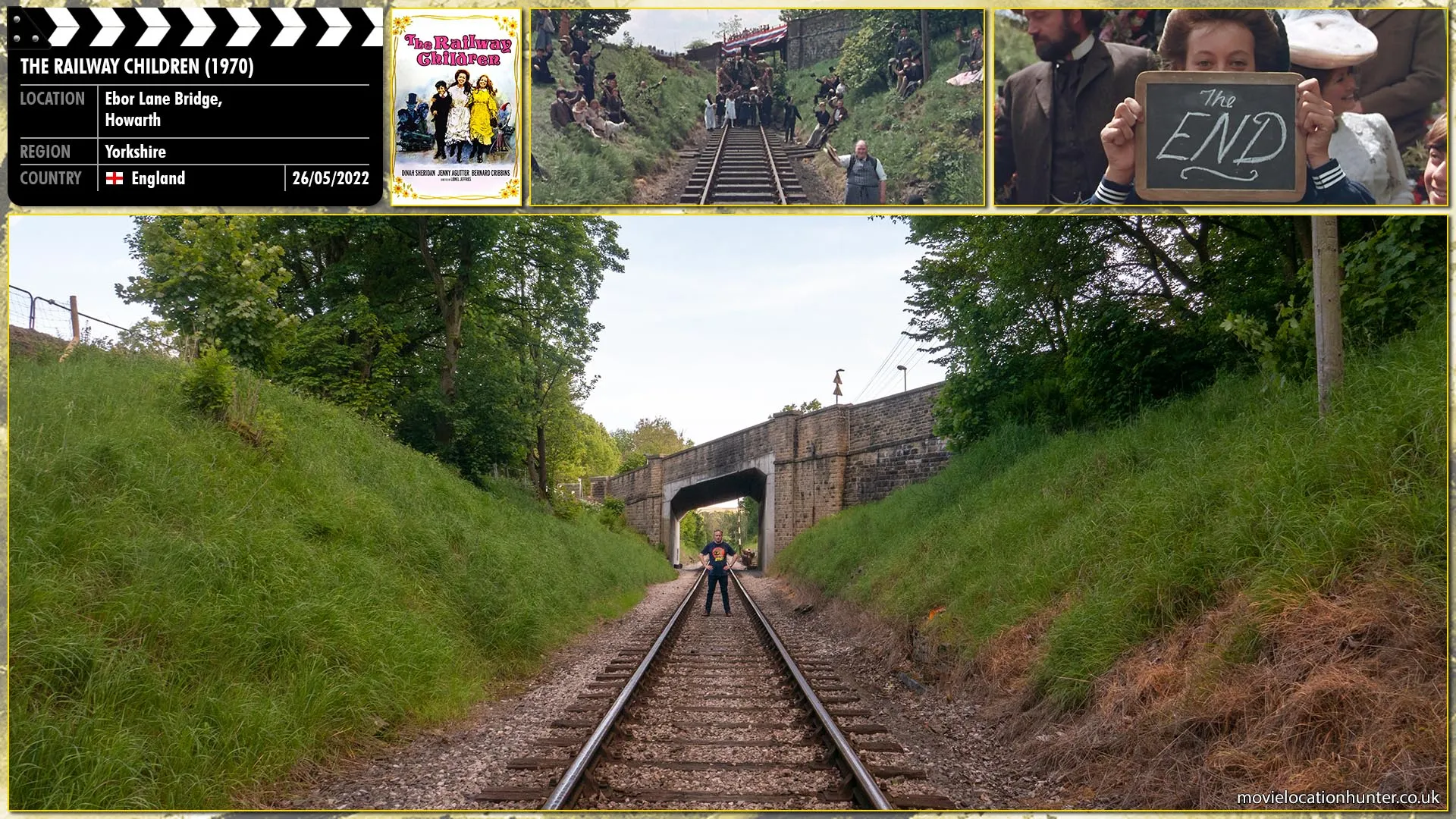 Filming location photo, shot in England, for The Railway Children (1970). Scene description: The entire cast break the fourth wall and perform a curtain call as the credits roll. The camera moves slowly along a railway track towards a train which is decked in flags, in front of which all of the cast are assembled, waving and cheering to the camera. Bobbie Waterbury (Jenny Agutter) holds up a small slate on which 