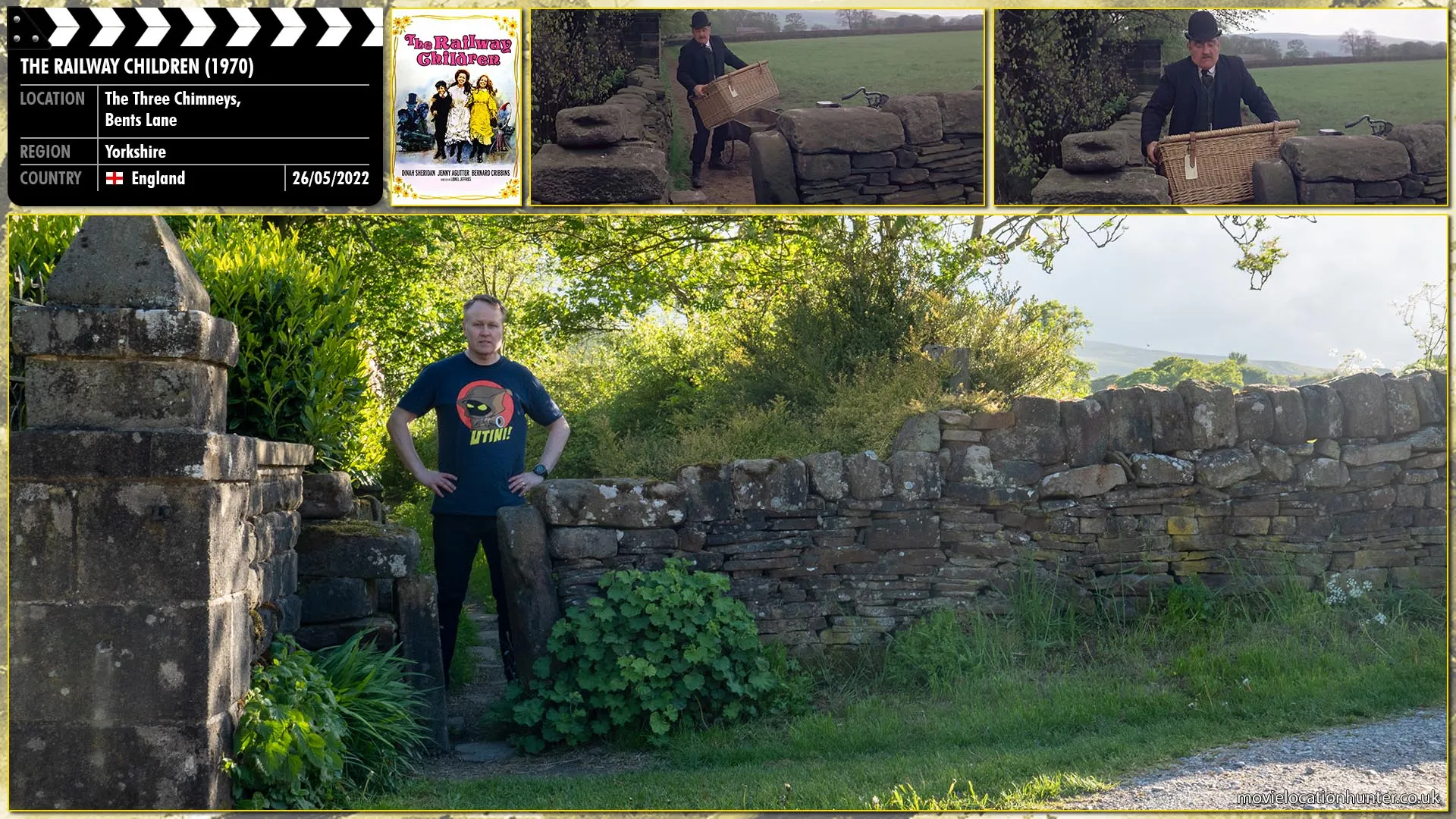 Filming location photo, shot in England, for The Railway Children (1970). Scene description: Mr Perks (Bernard Cribbins) delivers old newspapers and magazines for the children to read.