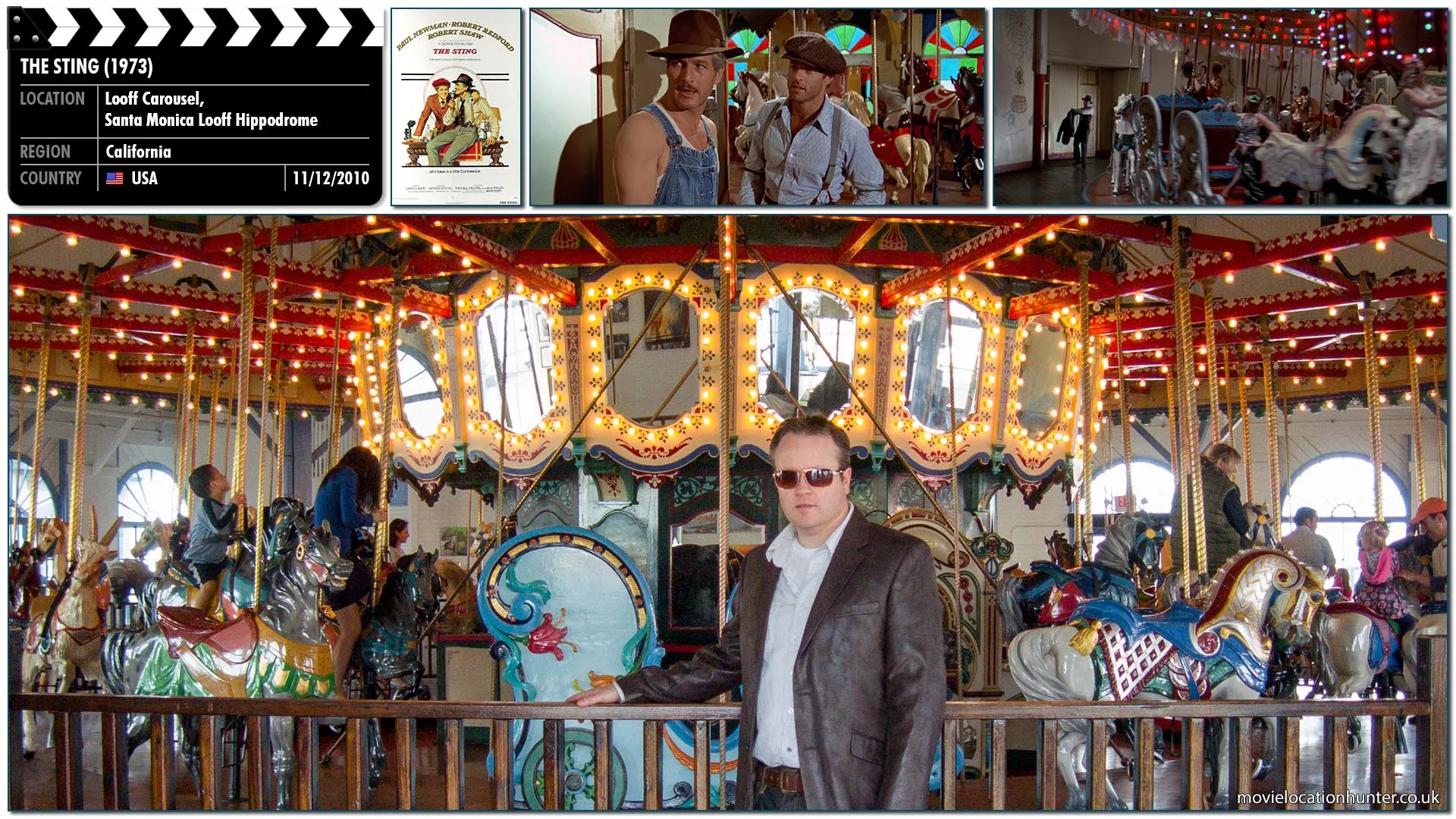 Filming location photo, shot in USA, for The Sting (1973). Scene description: The carousel run by Henry Gondorff (Paul Newman).