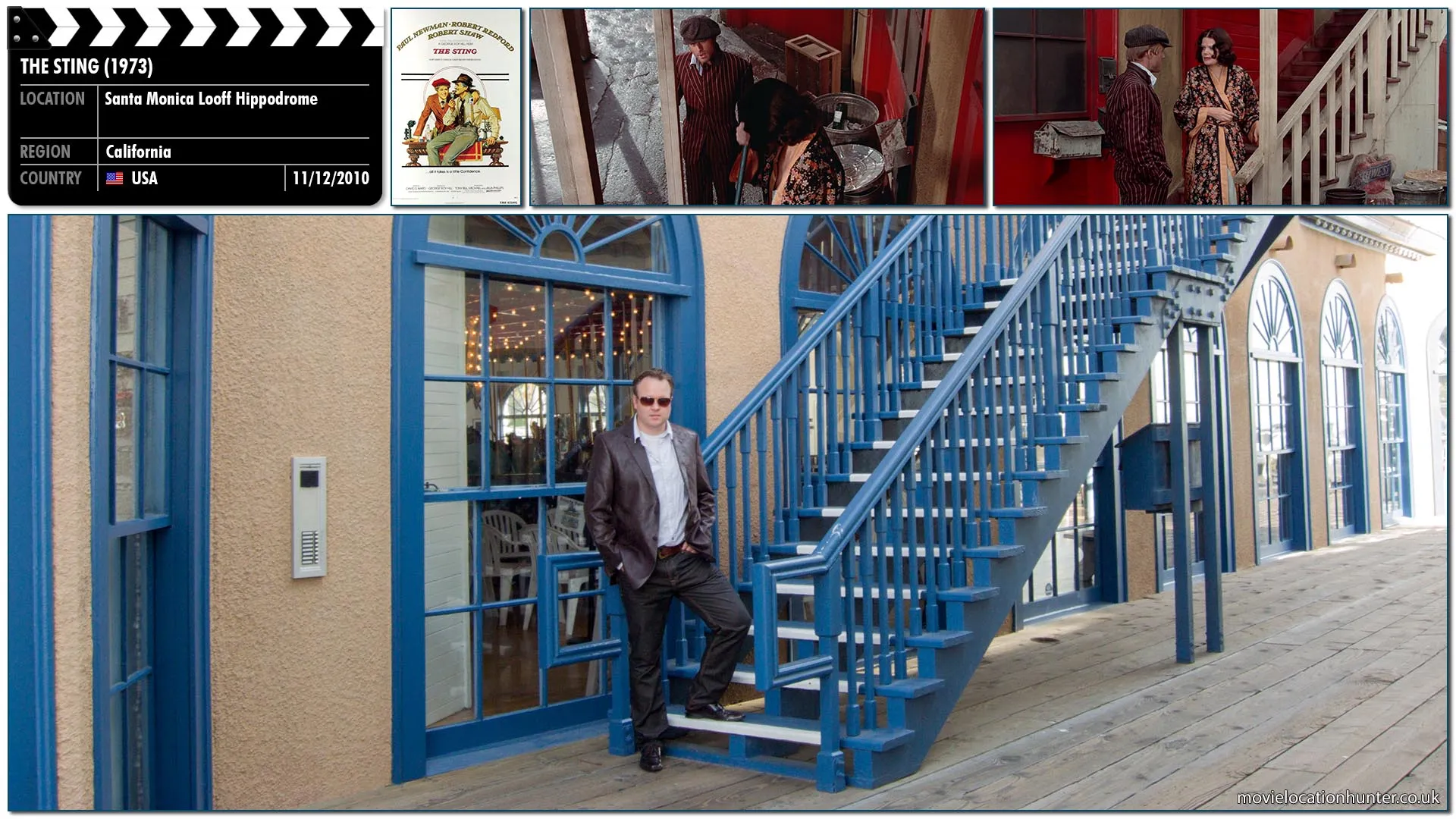 Filming location photo, shot in USA, for The Sting (1973). Scene description: Johnny Hooker (Robert Redford) goes to Chicago and meets Henry Gondorff (Paul Newman) and together they set up an elaborate plan to swindle an enormous sum out of Lonnegan (Robert Shaw) so neatly that he won't even realize he's been conned.