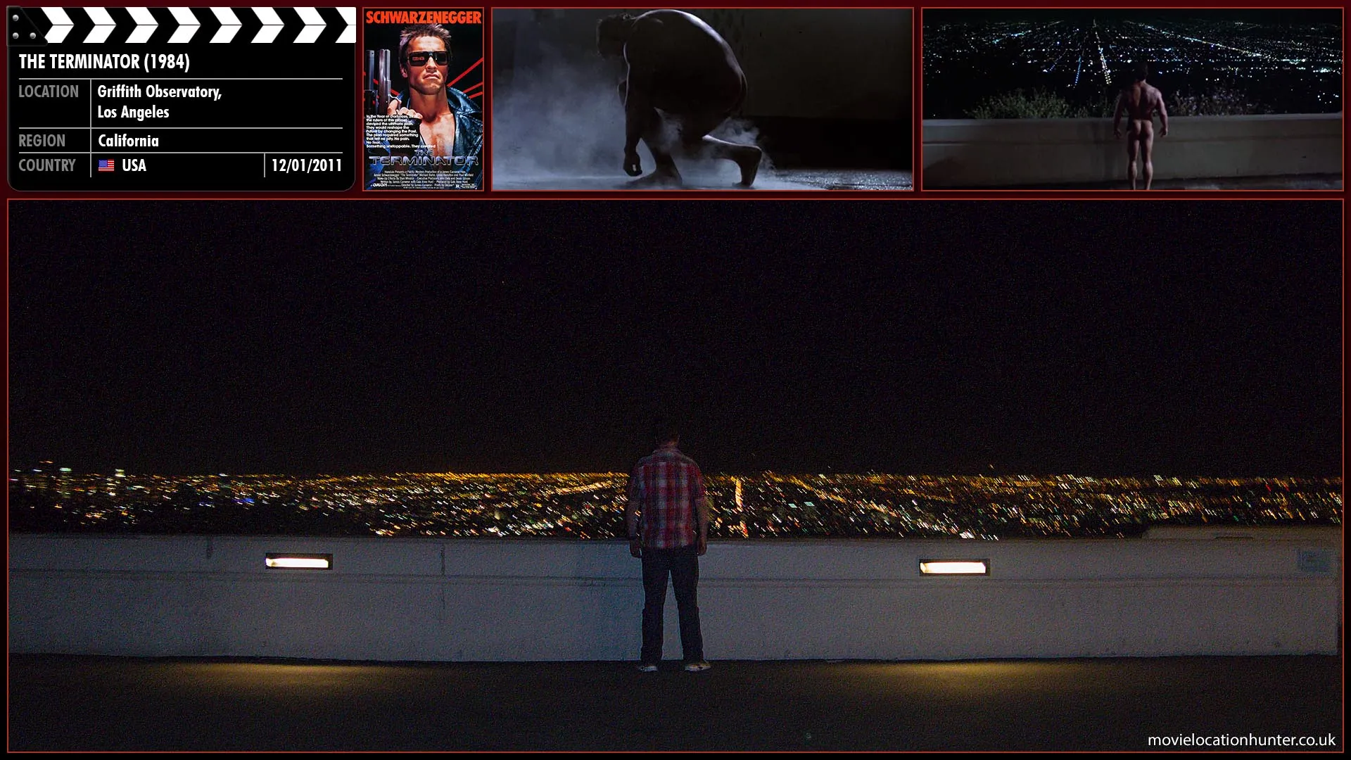 Filming location photo, shot in USA, for The Terminator (1984). Scene description: The year switches to Los Angeles, May 12, 1984 at 1:34 am. At the Griffith Park Observatory overlooking the city, lightning emanates from above a garbage truck, knocking out power. The driver sees an object ahead of him and flees as the electrical surge dissipates. The object is the Terminator (Arnold Schwarzenegger), a naked and heavily muscular cyborg, and he stands up looks out over the city.