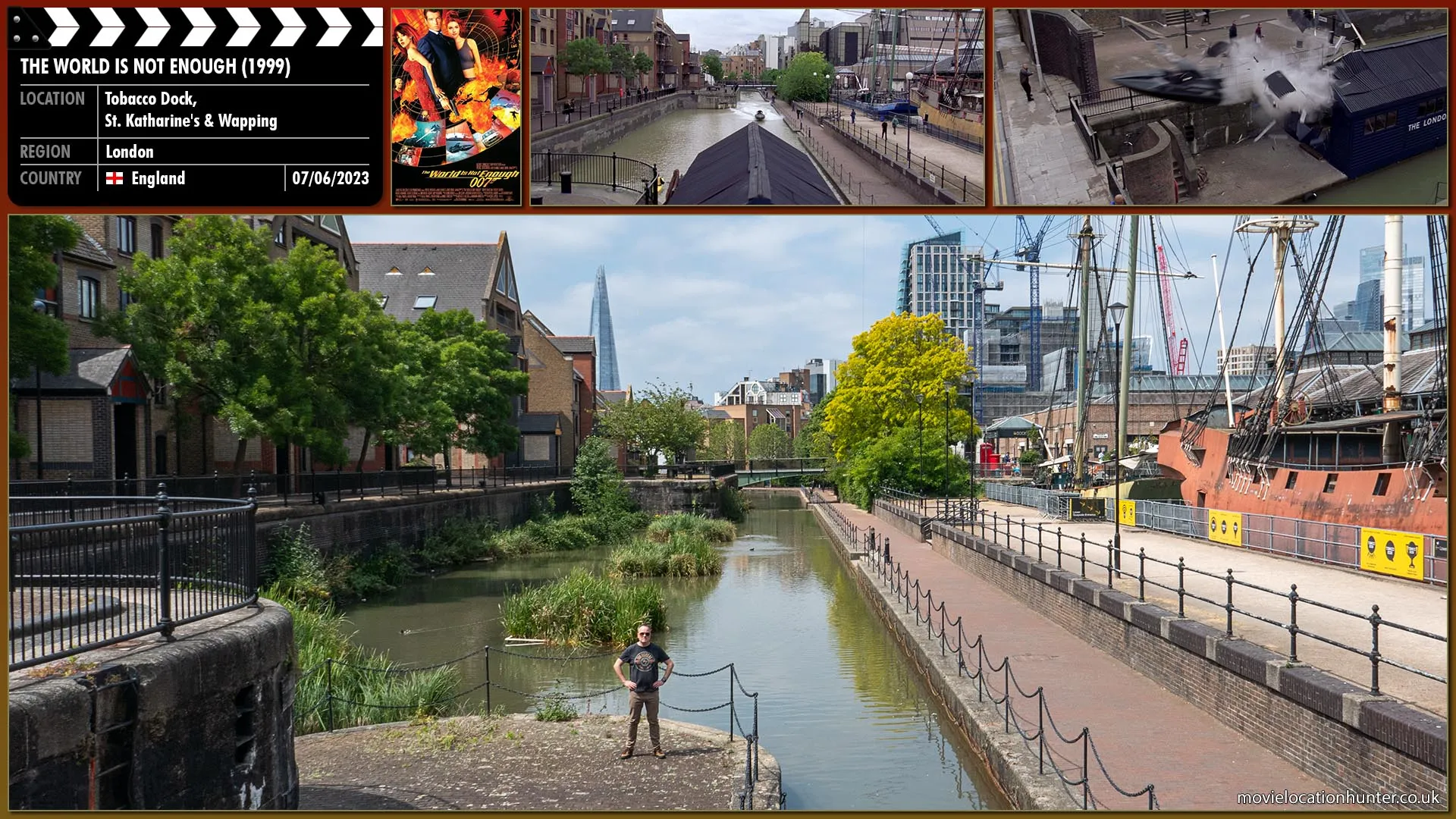 Filming location photo, shot in England, for The World Is Not Enough (1999). Scene description: With the narrow canal ending, Bond (Pierce Brosnan) smashes into a small canoe club house and onto the street into a restaurant.