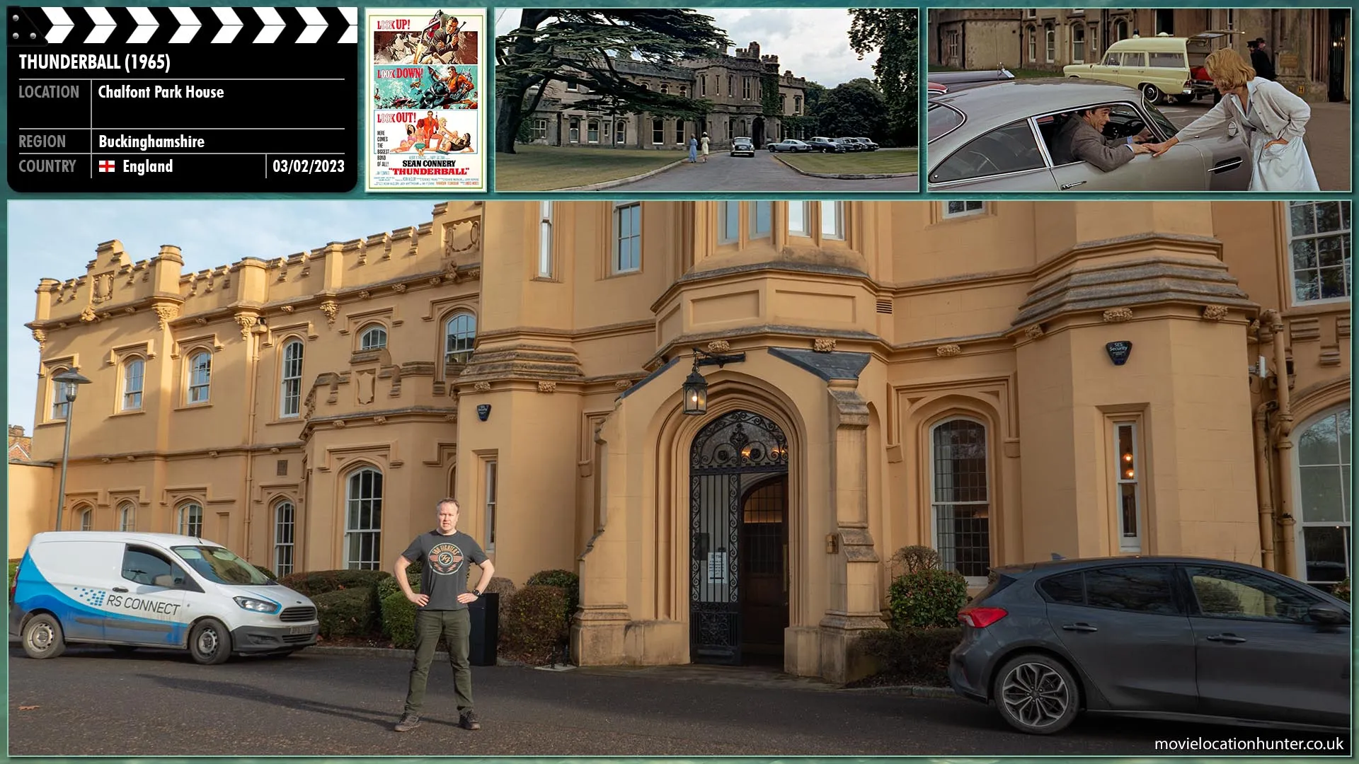 Filming location photo, shot in England, for Thunderball (1965). Scene description: Attending the funeral of Colonel Jacques Bouvar, Bond (Sean Connery) indenties that Bouvar is actually alive, a SPECTRE operative and disguised as a woman.  Bond waits for him to return to the Château where they engage in a fight where Bond eventually kills him placing flowers from a nearby vase ontop of his body.