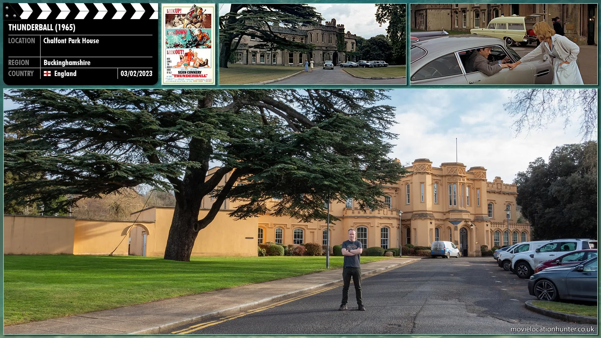 Filming location photo, shot in England, for Thunderball (1965). Scene description: Attending the funeral of Colonel Jacques Bouvar, Bond (Sean Connery) indenties that Bouvar is actually alive, a SPECTRE operative and disguised as a woman.  Bond waits for him to return to the Château where they engage in a fight where Bond eventually kills him placing flowers from a nearby vase ontop of his body.
