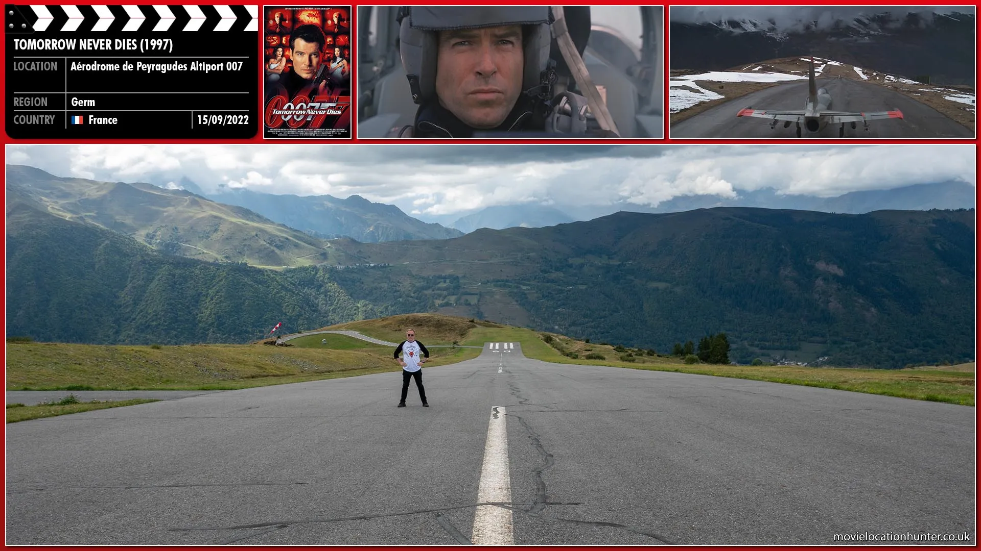 Filming location photo, shot in France, for Tomorrow Never Dies (1997). Scene description: MI6 sends James Bond (Pierce Brosnan) into the field to reconnoiter a terrorist arms bazaar on the Russian border. Despite M's (Judi Dench) insistence on letting 007 finish his reconnaissance, Royal Navy Admiral Roebuck (Geoffrey Palmer) orders the frigate HMS Chester to fire a Harpoon missile at the bazaar. Bond then discovers two nuclear torpedoes mounted on an L-39 Albatros; with the missile out of range to be aborted, Bond is forced to pilot the L-39 away seconds before the bazaar is destroyed.