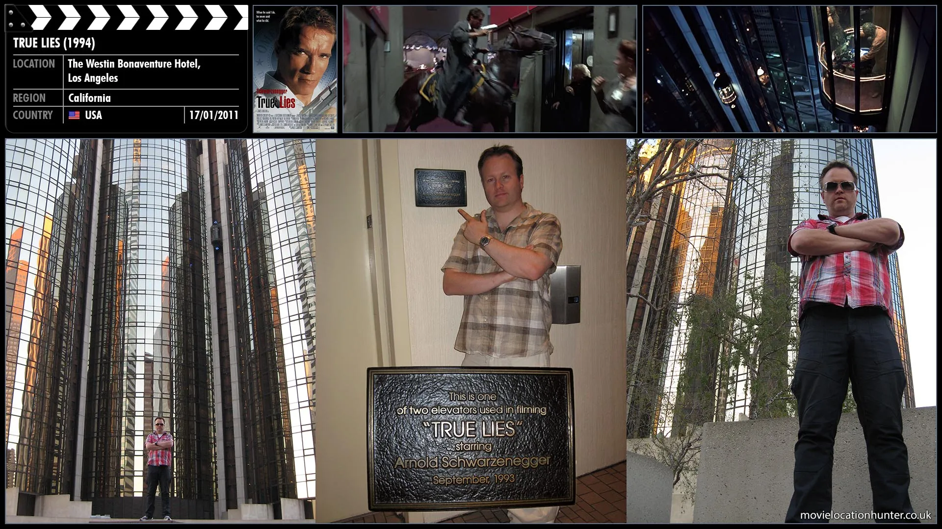 Filming location photo, shot in USA, for True Lies (1994). Scene description: Aziz (Art Malik) flees by carjacking a passing motorcycle, while Harry (Arnold Schwarzenegger) commandeers a mounted policeman's horse to give chase, and follows him into the Marriott hotel.  Aziz rides into one of the glass elevators and takes a woman hostage. Harry takes another glass elevator and follows Aziz to the top floor balcony. Aziz rides through the glass barrier and jumps off the balcony, down into a swimming pool on the roof of an adjacent building across the street. Harry tries to follow him, but the horse balks and Harry flies off and dangles by the reins, losing his gun in the process. He gets the horse to back up and then scolds the horse as if it were a cop.
